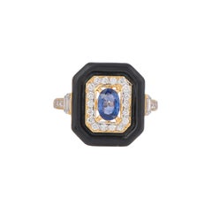 0.54 Carat Blue Sapphire Diamond and Black Enamel 18kt Yellow Gold Ring
