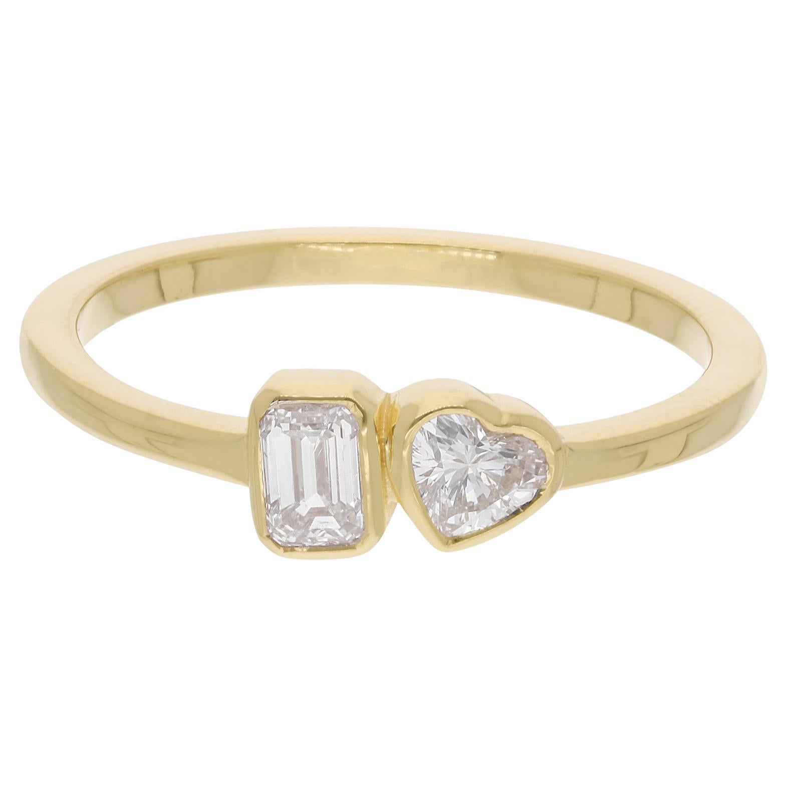 0.54 Carat Heart & Emerald Cut Diamond Ring 14 Karat Yellow Gold Fine Jewelry For Sale