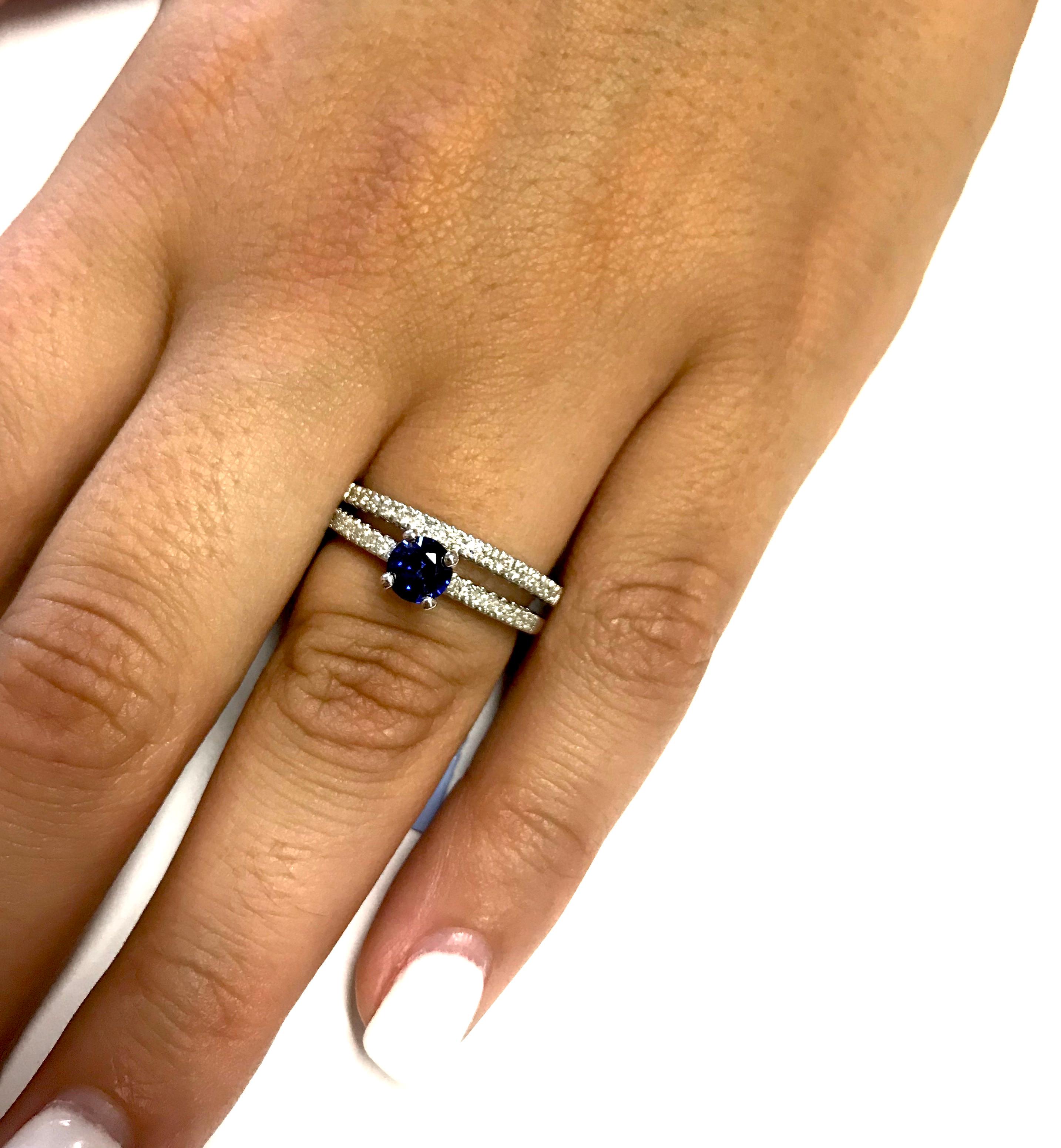 Contemporary Round Blue Sapphire Engagement with Diamond Wedding Band 