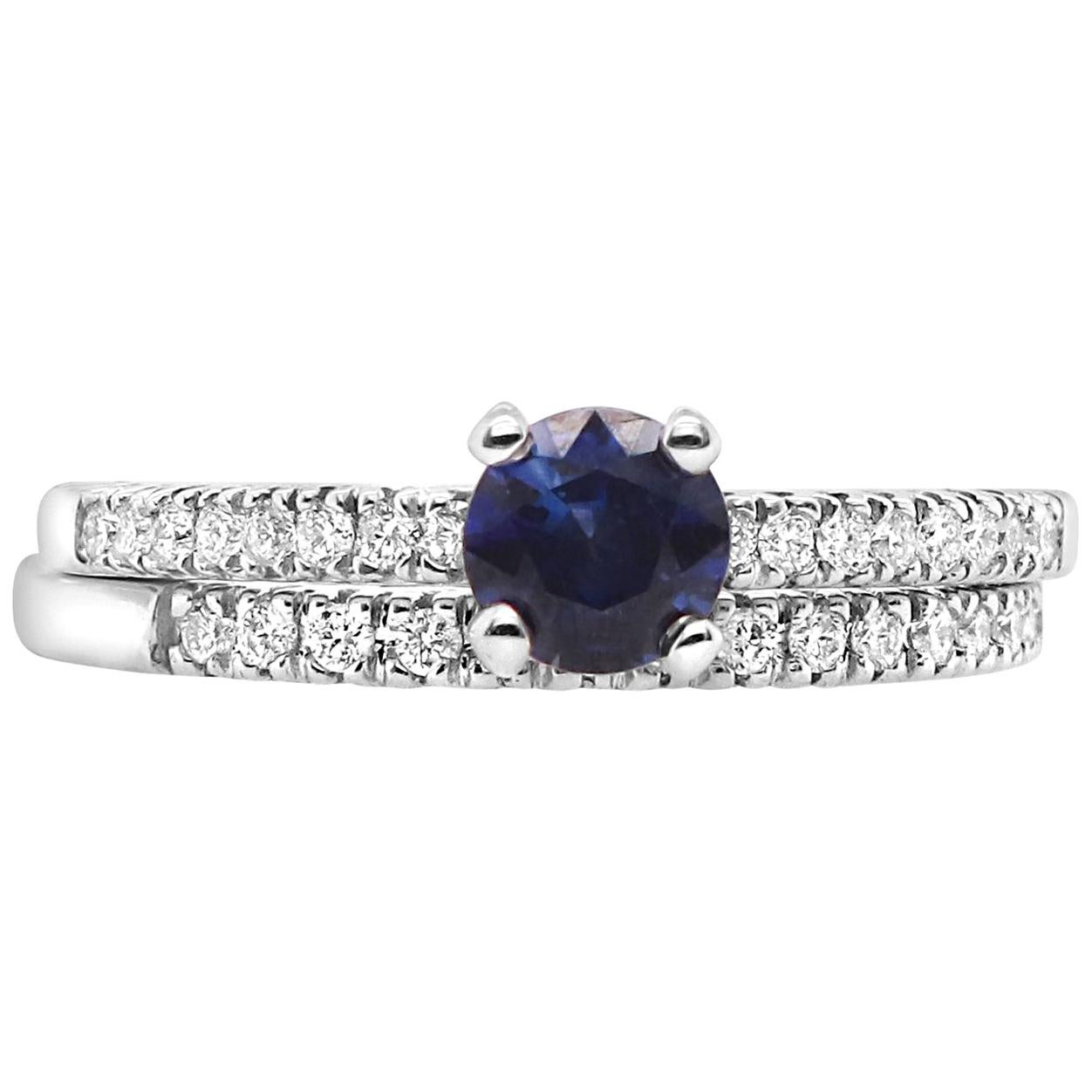 Round Blue Sapphire Engagement with Diamond Wedding Band 