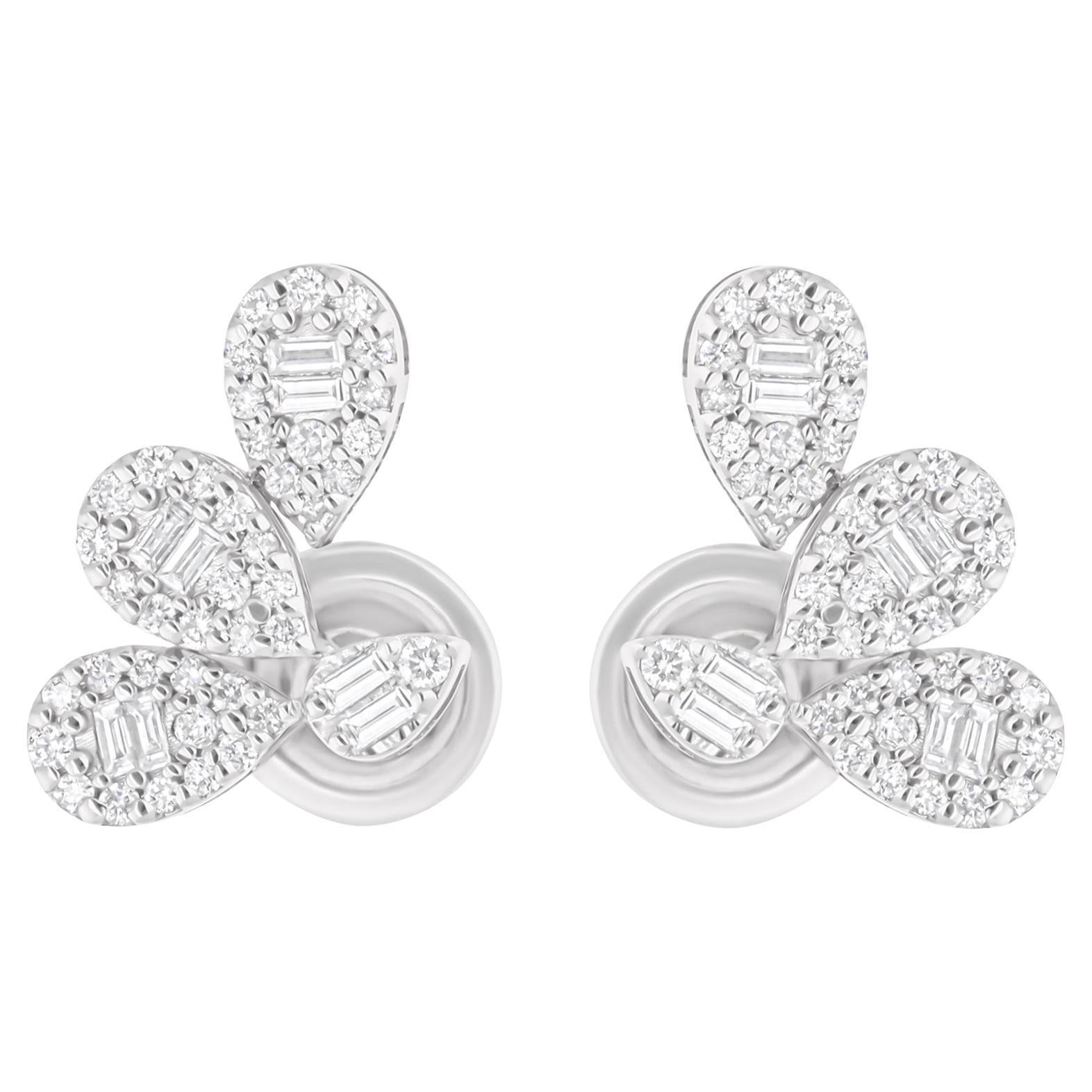 0.54 Carat SI/H Baguette Round Diamond Earrings 18 Karat White Gold Fine Jewelry For Sale