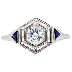 0.54 Carats European Cut Diamond and Sapphire Art Deco Ring 18 Karat White Gold