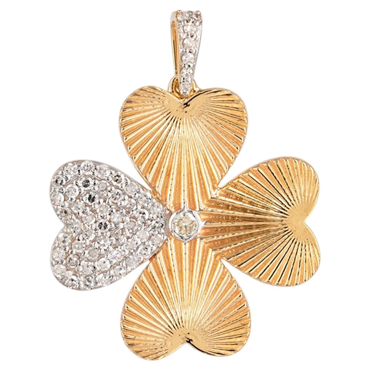 0.54 Ct Diamond Lucky Clover Pendant 14K Yellow Gold Two-Tone Petal Charm