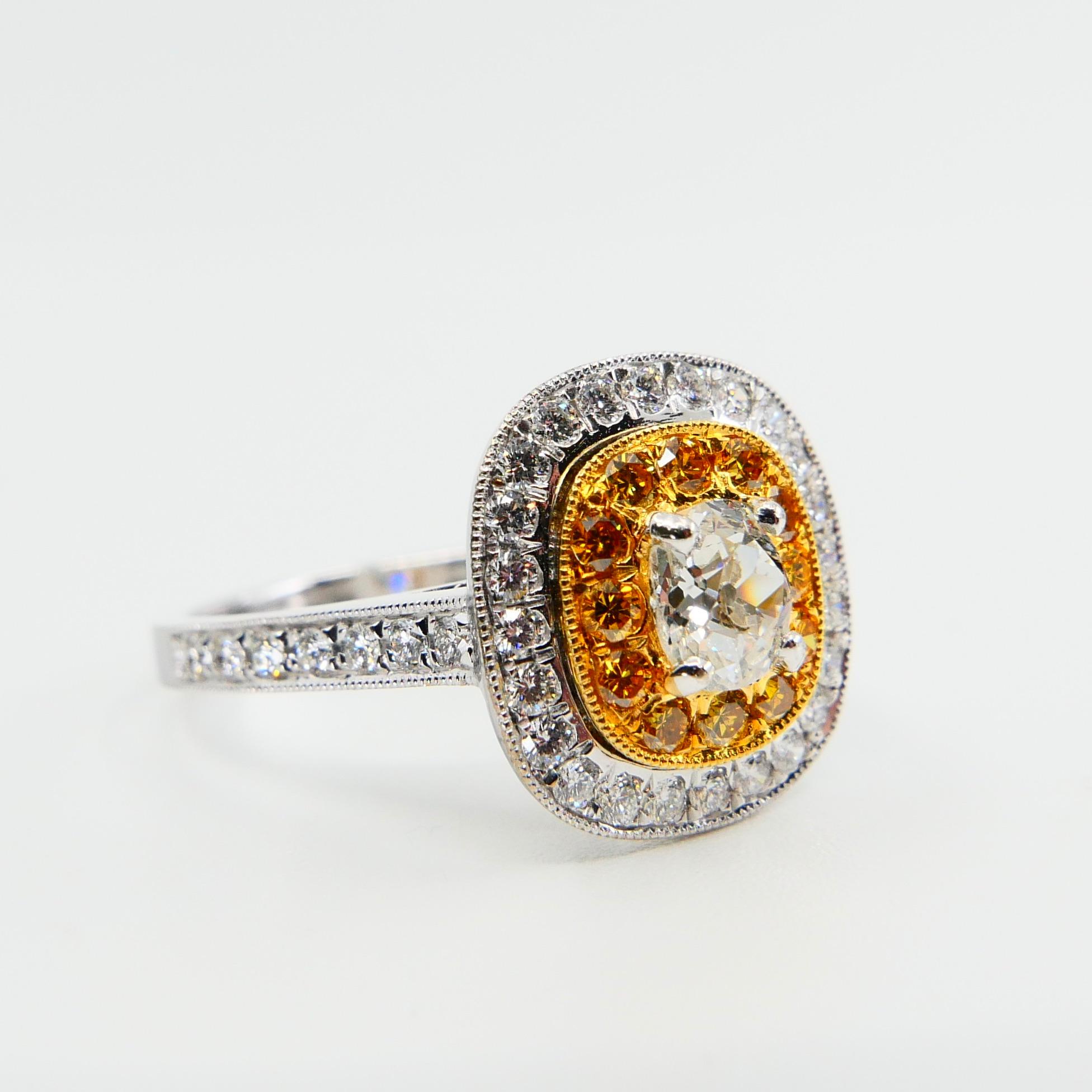 0.54 Cts Old Mine Cut & Fancy Vivid Yellow Diamond Cocktail Ring, 18K White Gold 6