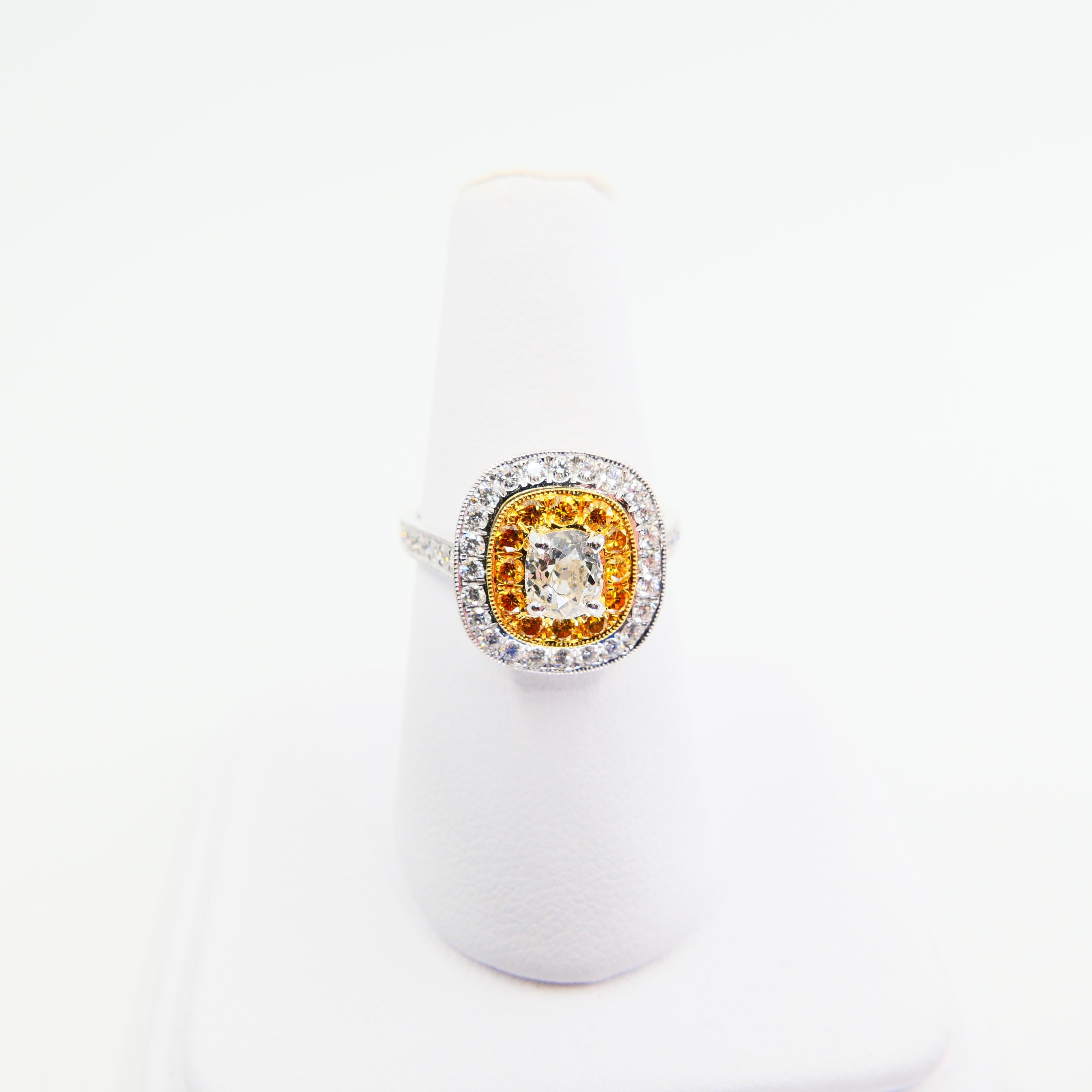 0.54 Cts Old Mine Cut & Fancy Vivid Yellow Diamond Cocktail Ring, 18K White Gold 7