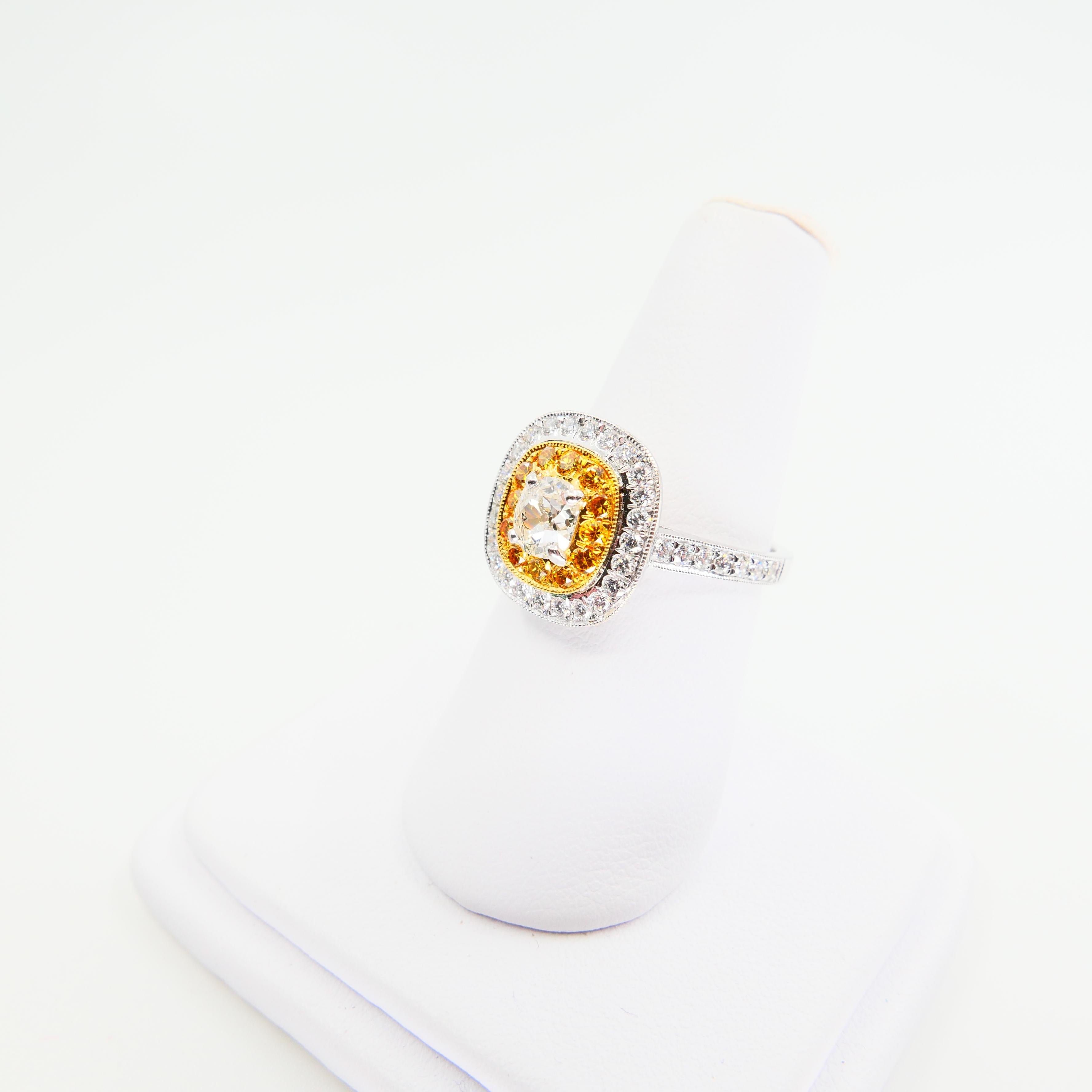 0.54 Cts Old Mine Cut & Fancy Vivid Yellow Diamond Cocktail Ring, 18K White Gold 9