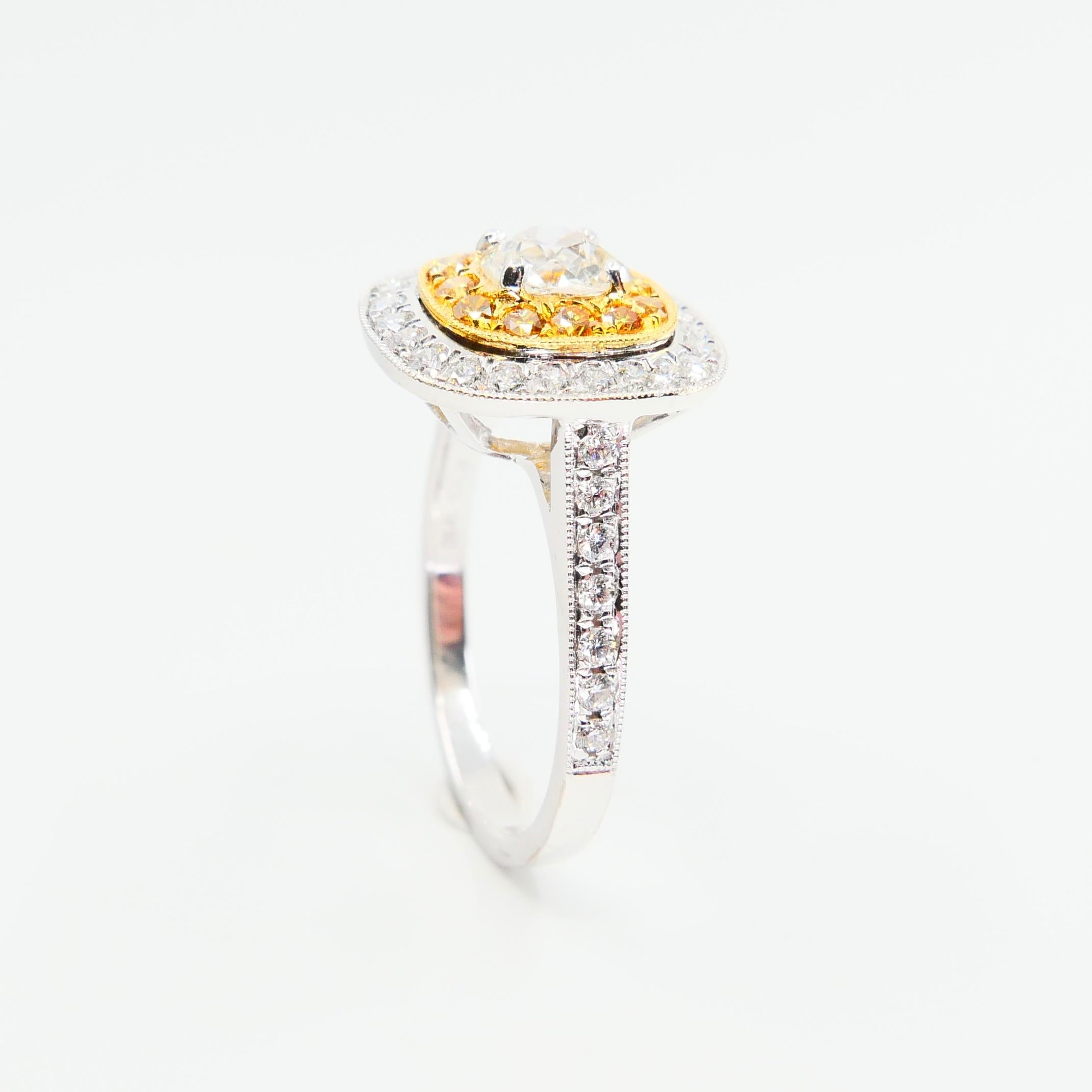 0.54 Cts Old Mine Cut & Fancy Vivid Yellow Diamond Cocktail Ring, 18K White Gold 10