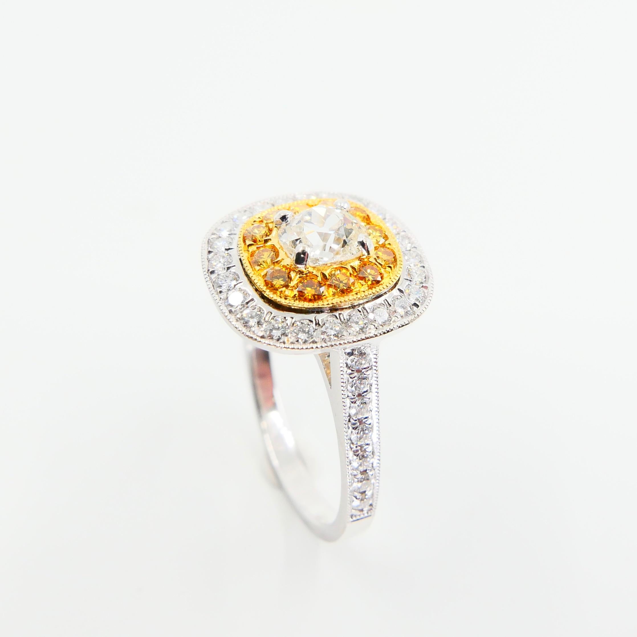 0.54 Cts Old Mine Cut & Fancy Vivid Yellow Diamond Cocktail Ring, 18K White Gold In New Condition In Hong Kong, HK