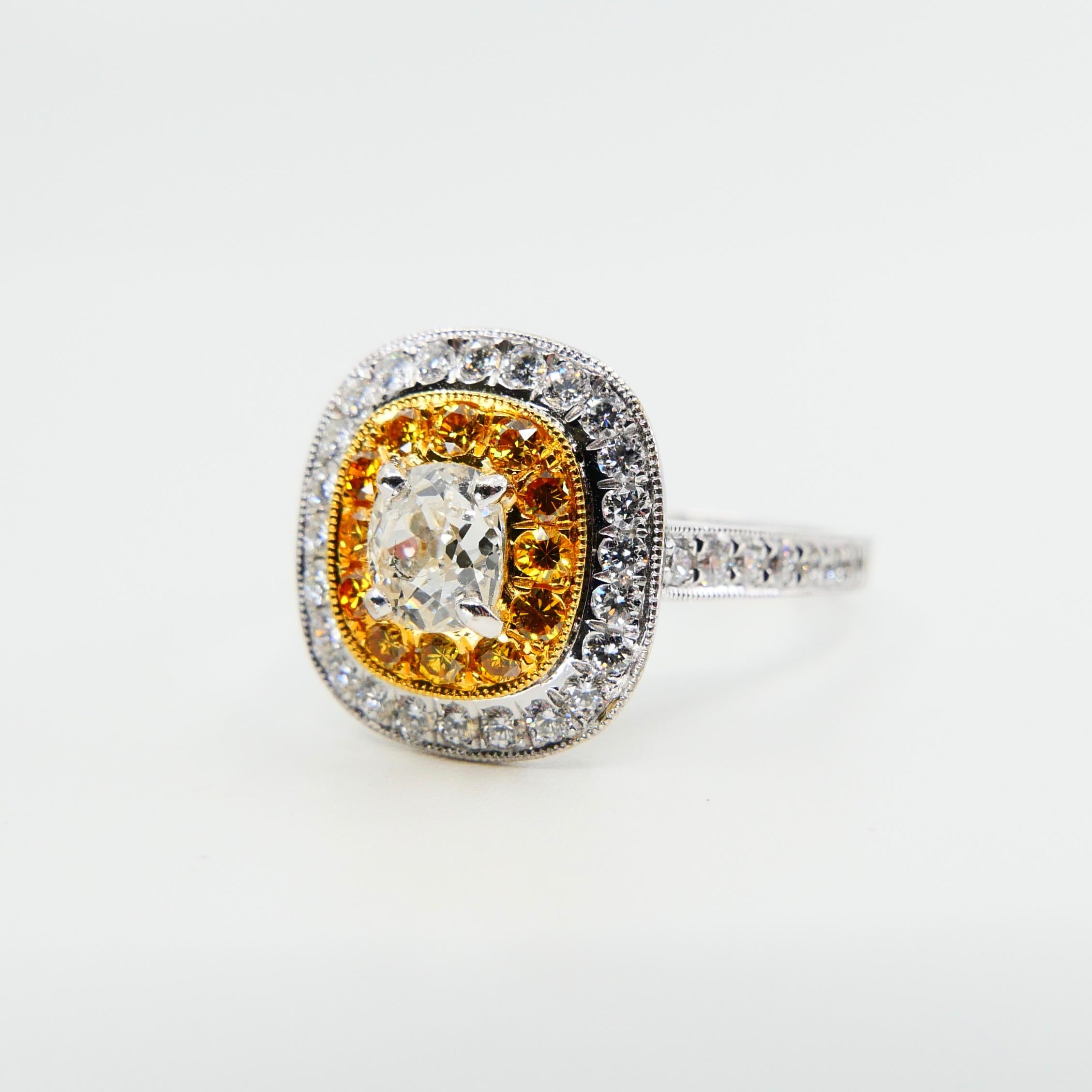 Women's 0.54 Cts Old Mine Cut & Fancy Vivid Yellow Diamond Cocktail Ring, 18K White Gold