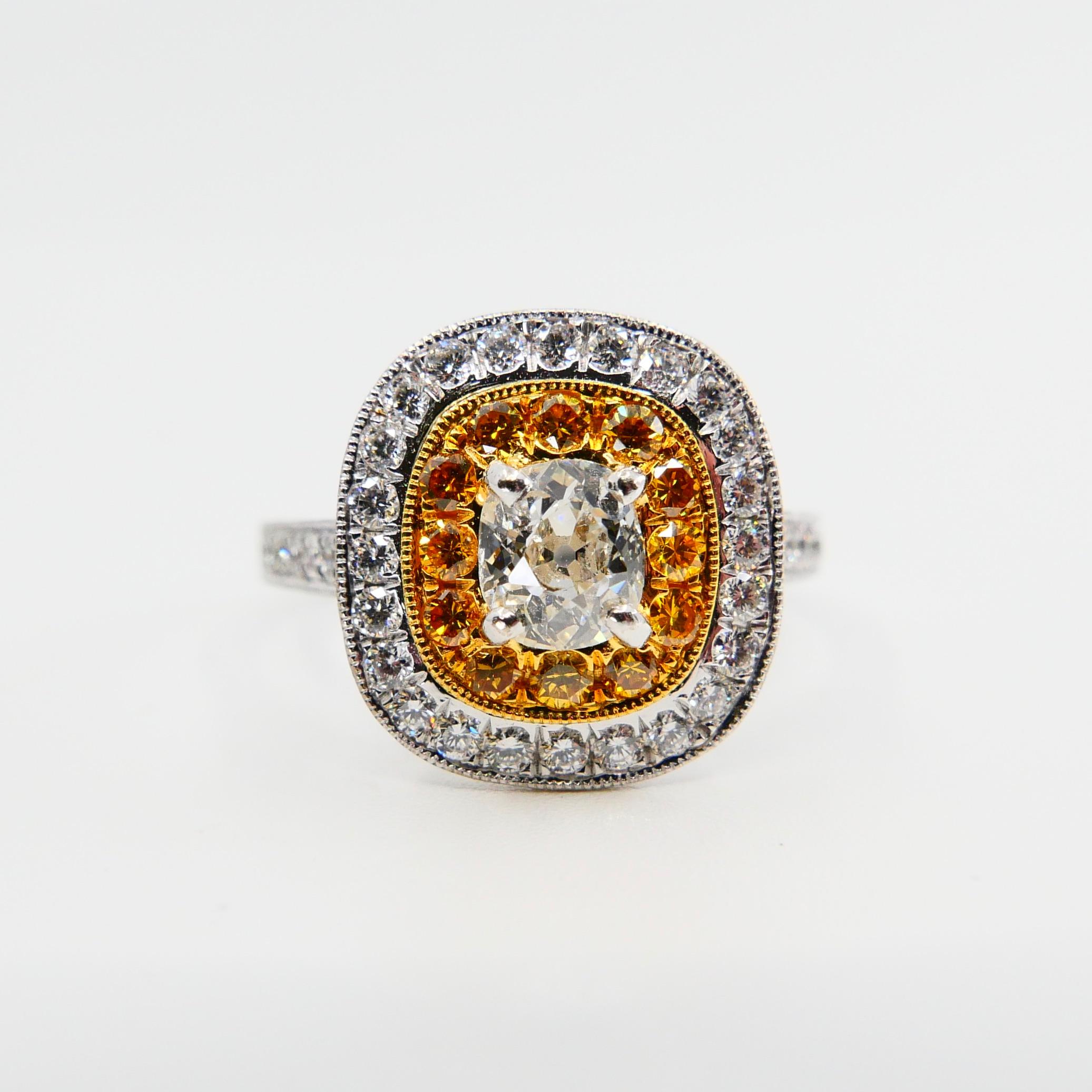 0.54 Cts Old Mine Cut & Fancy Vivid Yellow Diamond Cocktail Ring, 18K White Gold 1