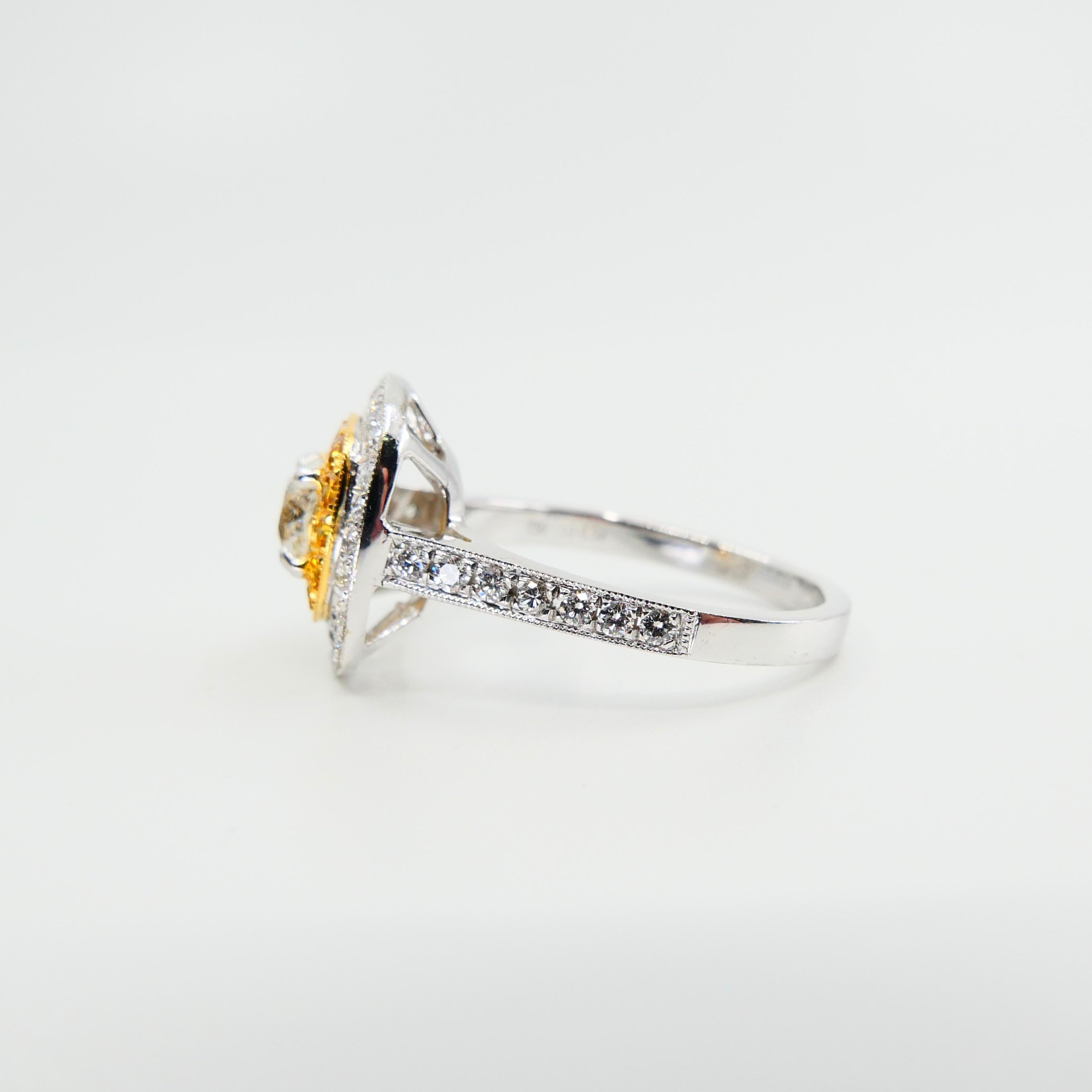 0.54 Cts Old Mine Cut & Fancy Vivid Yellow Diamond Cocktail Ring, 18K White Gold 2