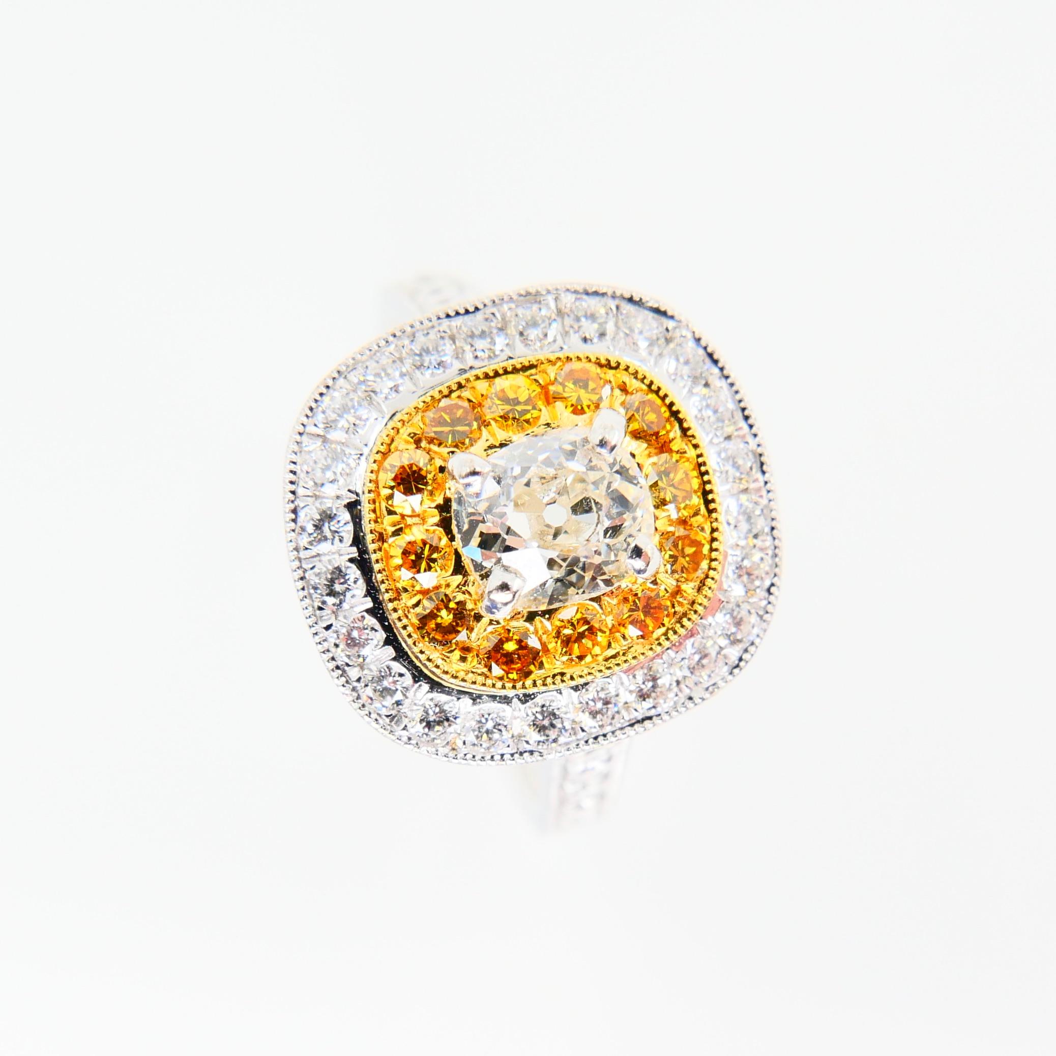 0.54 Cts Old Mine Cut & Fancy Vivid Yellow Diamond Cocktail Ring, 18K White Gold 4