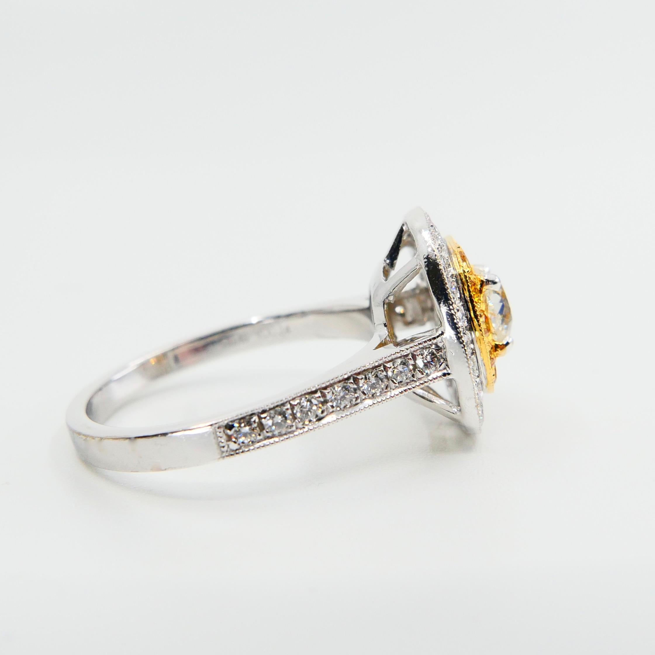 0.54 Cts Old Mine Cut & Fancy Vivid Yellow Diamond Cocktail Ring, 18K White Gold 5