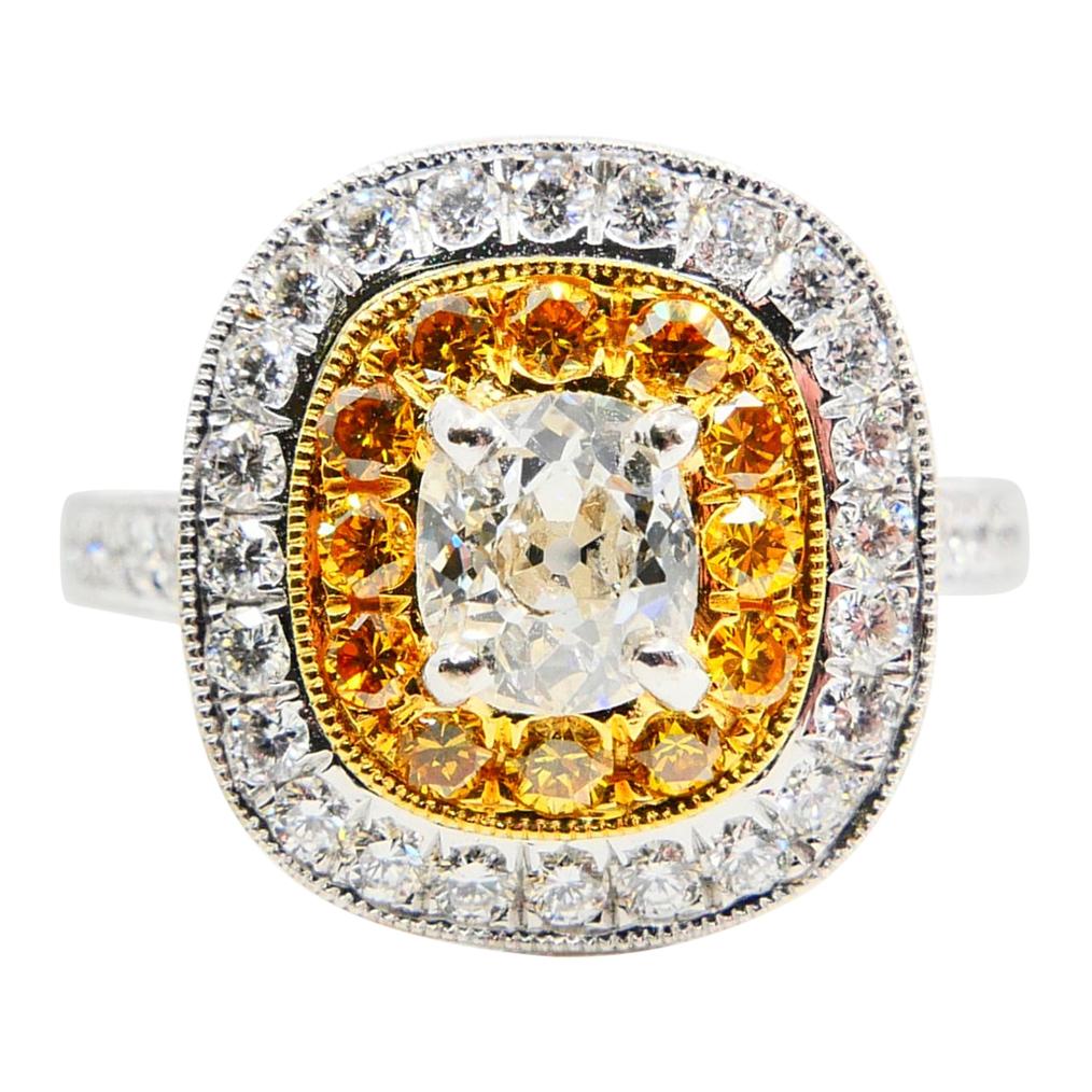 0.54 Cts Old Mine Cut & Fancy Vivid Yellow Diamond Cocktail Ring, 18K White Gold