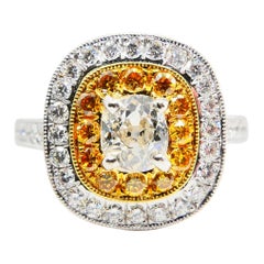 0.54 Cts Old Mine Cut 
Fancy Vivid Yellow Diamond Cocktail Ring, 18K White Gold