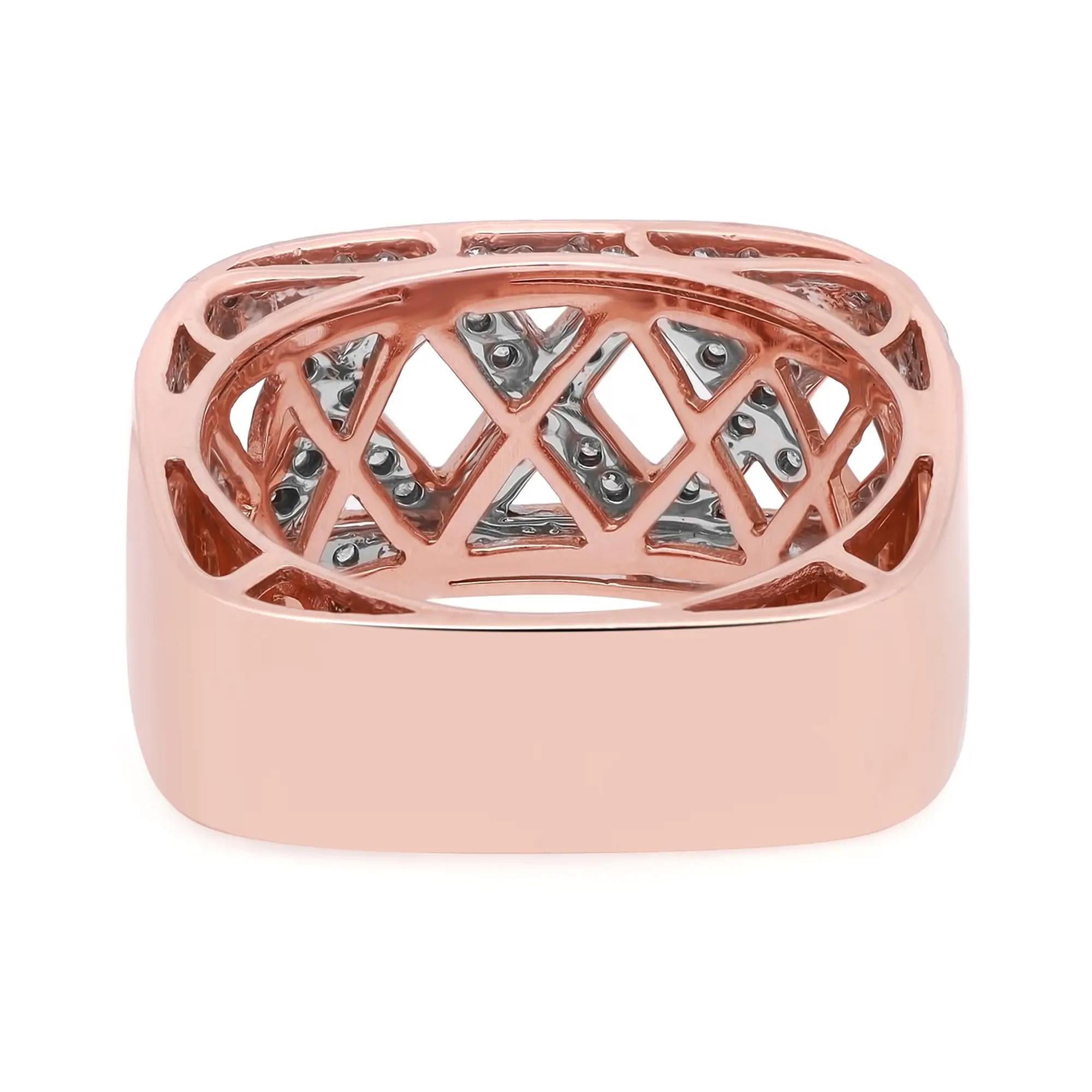 This wide band openwork crisscross square ring is crafted in high polished 14K rose gold. Set with round cut diamonds, totaling 0.54 carat. The diamond color is H-I with SI-I clarity. Ring size 7.5. Width of the ring 10.3 mm. Total weight: 8.20