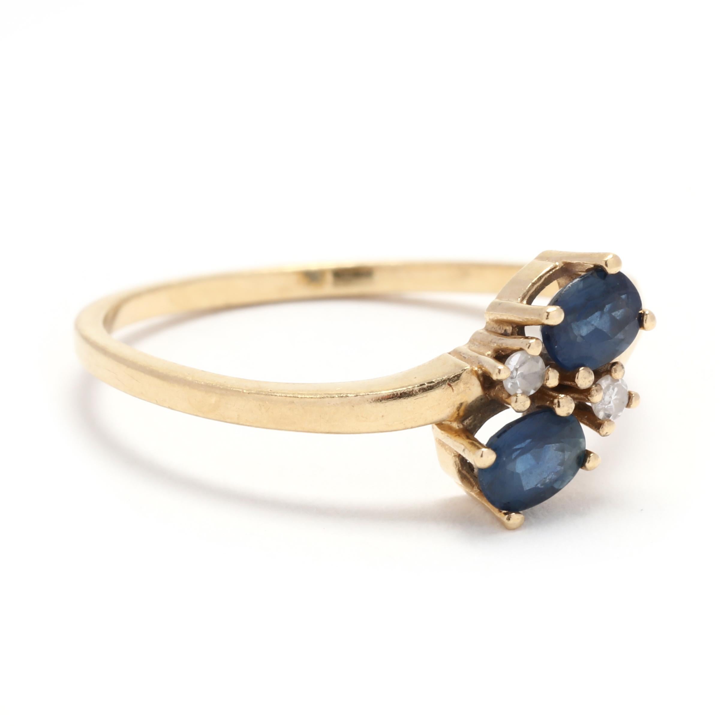 This elegant and simple toi et moi ring features two beautiful gemstones - a 0.54ctw round sapphire and a round diamond, both set in 18k yellow gold. The contrast between the deep blue sapphire and the sparkling diamond creates a mesmerizing and