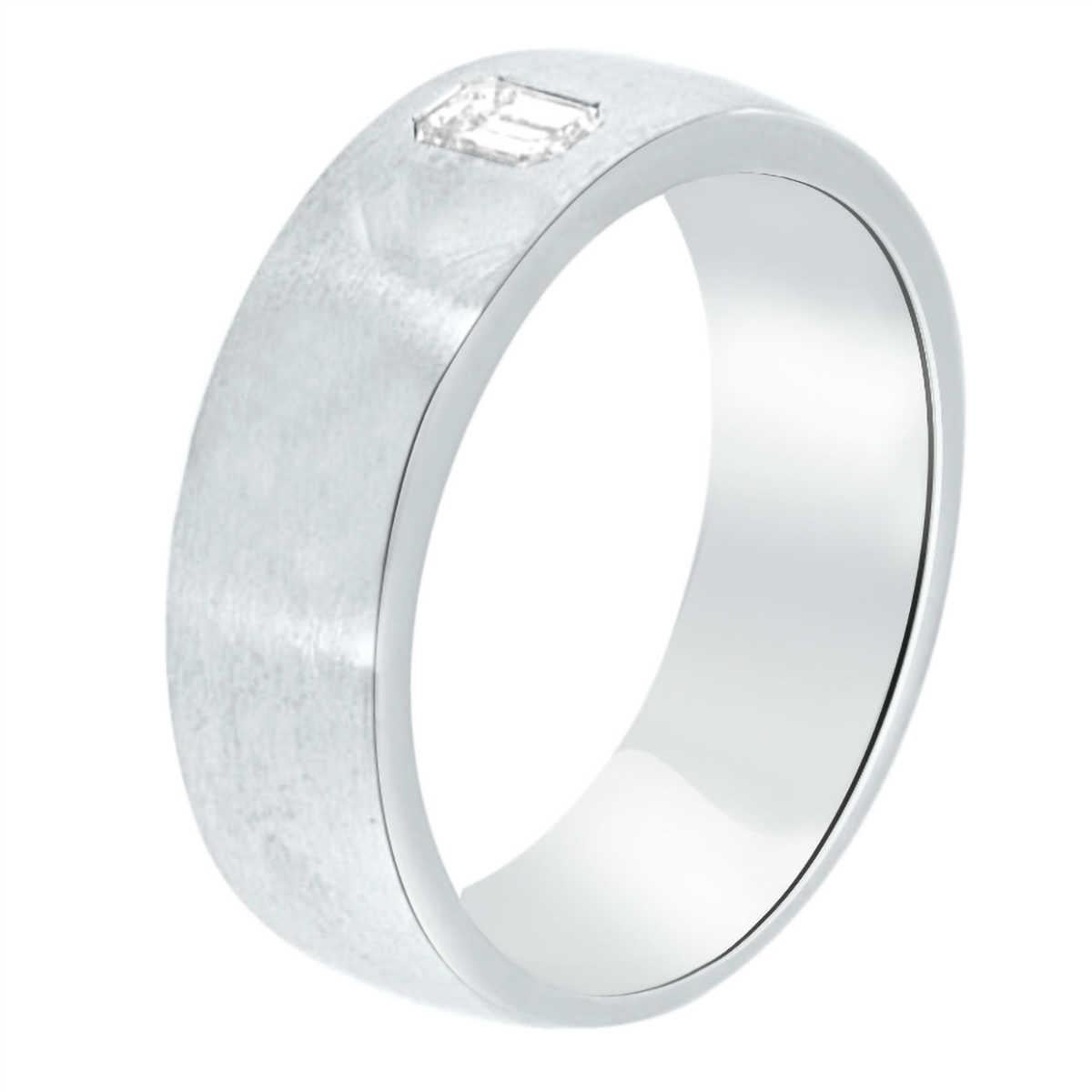 This 18k white gold handcrafted Men's band showcases a single Emerald Cut diamond on a six (6) MM wide tapered band. The band is in a polished finish.

Diamond Weight: 0.55 Carat
Diamond Color: G 
Diamond Clarity: Vs2
Finger size : 10