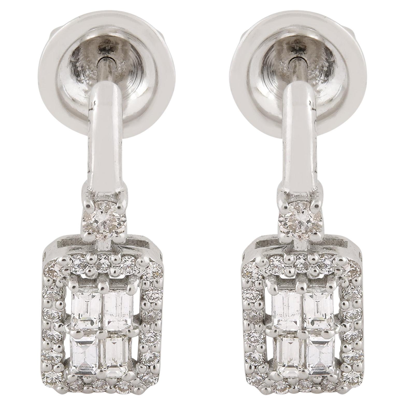 0.55 Carat Baguette Diamond Stud Earrings Solid 10k White Gold Handmade Jewelry