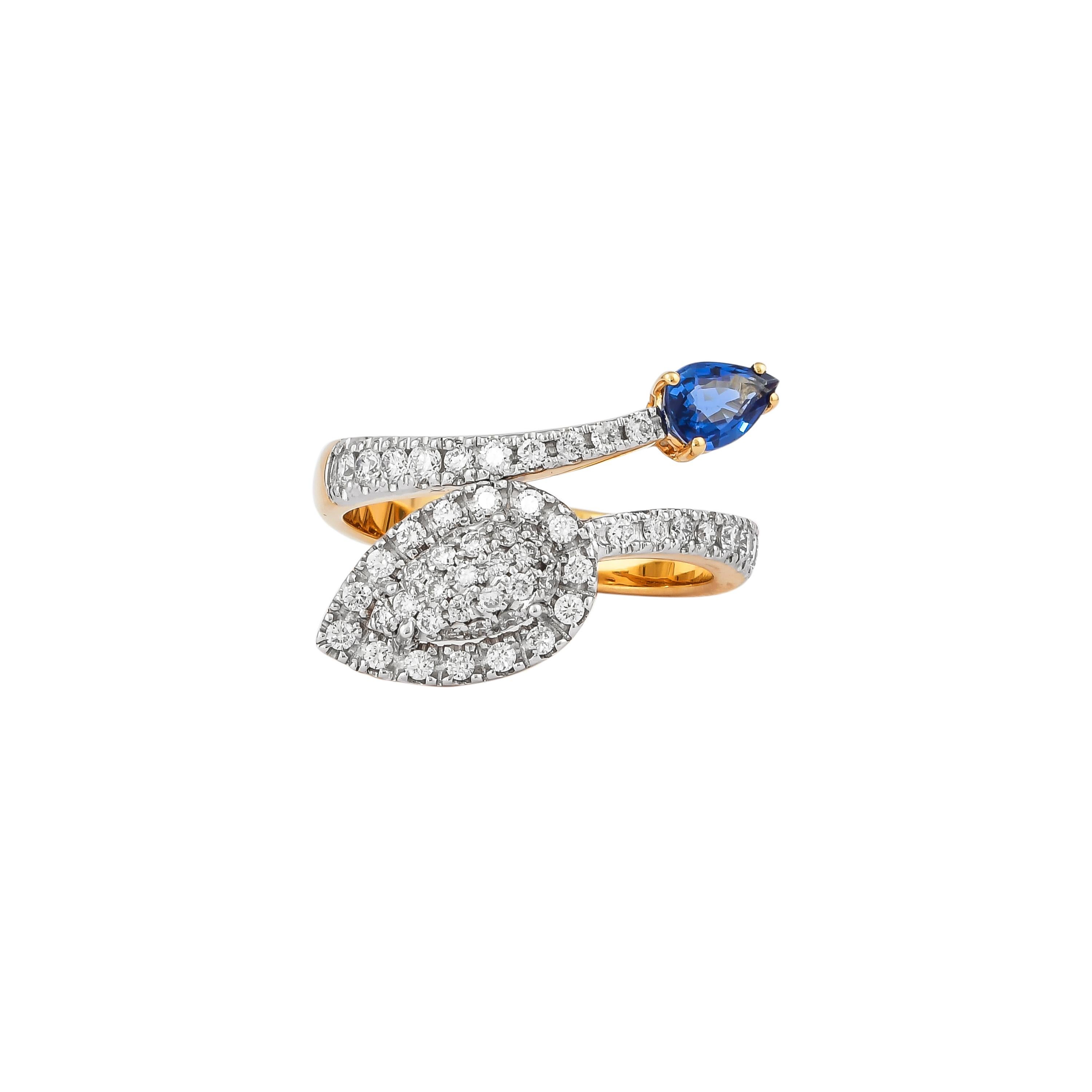 Pear Cut 0.55 Carat Blue Sapphire and Diamond Ring in 18 Karat Yellow Gold For Sale