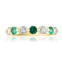 0.55 Carat Brilliant Cut Emerald and Diamond 7 Stone Wedding Band 14K YellowGold