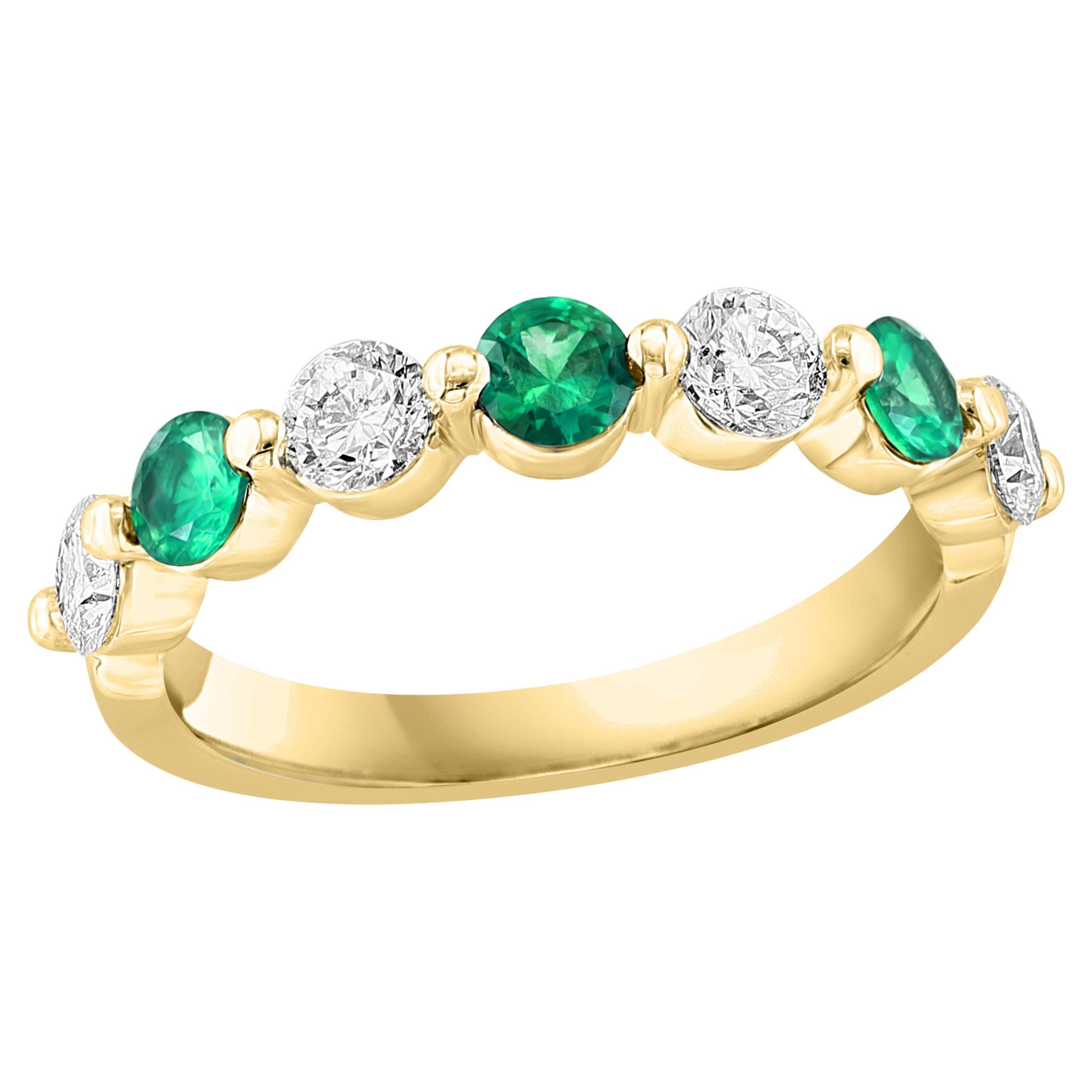 0.55 Carat Brilliante Cut Emerald and Diamond 7 Stone Wedding Band 14K YellowGold