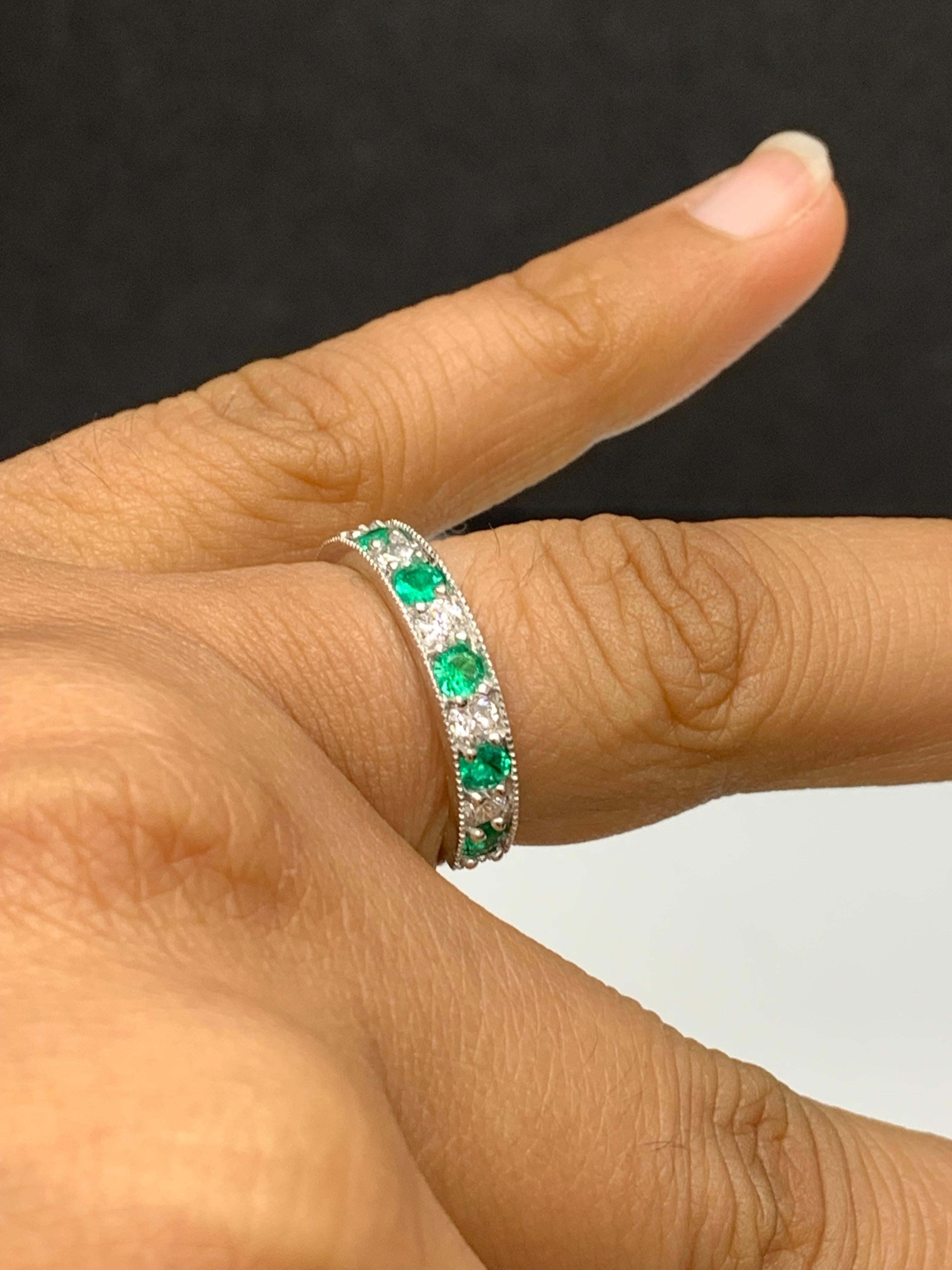 Women's 0.55 Carat Brilliant Cut Emerald and Diamond Band in 14K White Gold For Sale