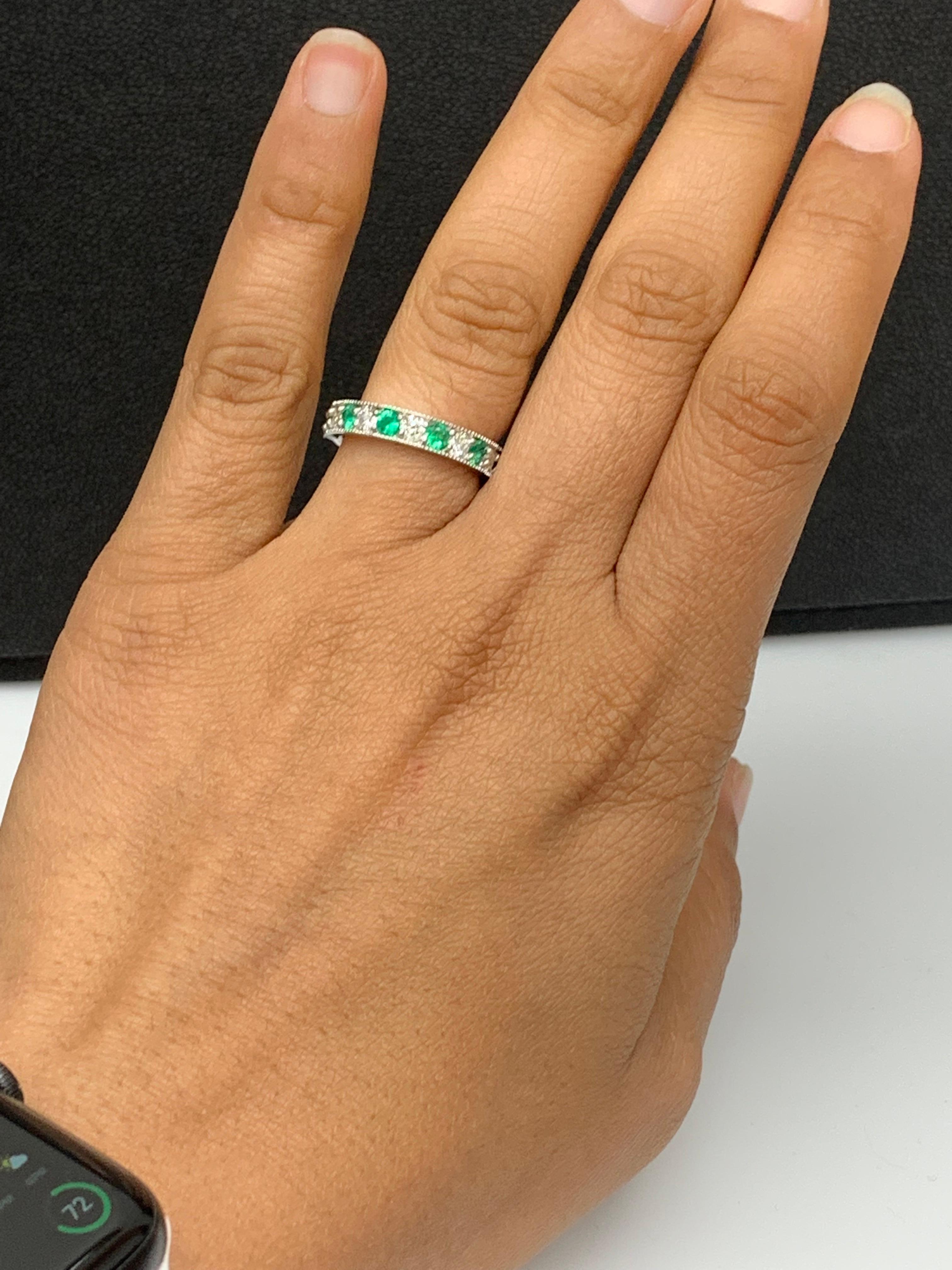 0.55 Carat Brilliant Cut Emerald and Diamond Band in 14K White Gold For Sale 2