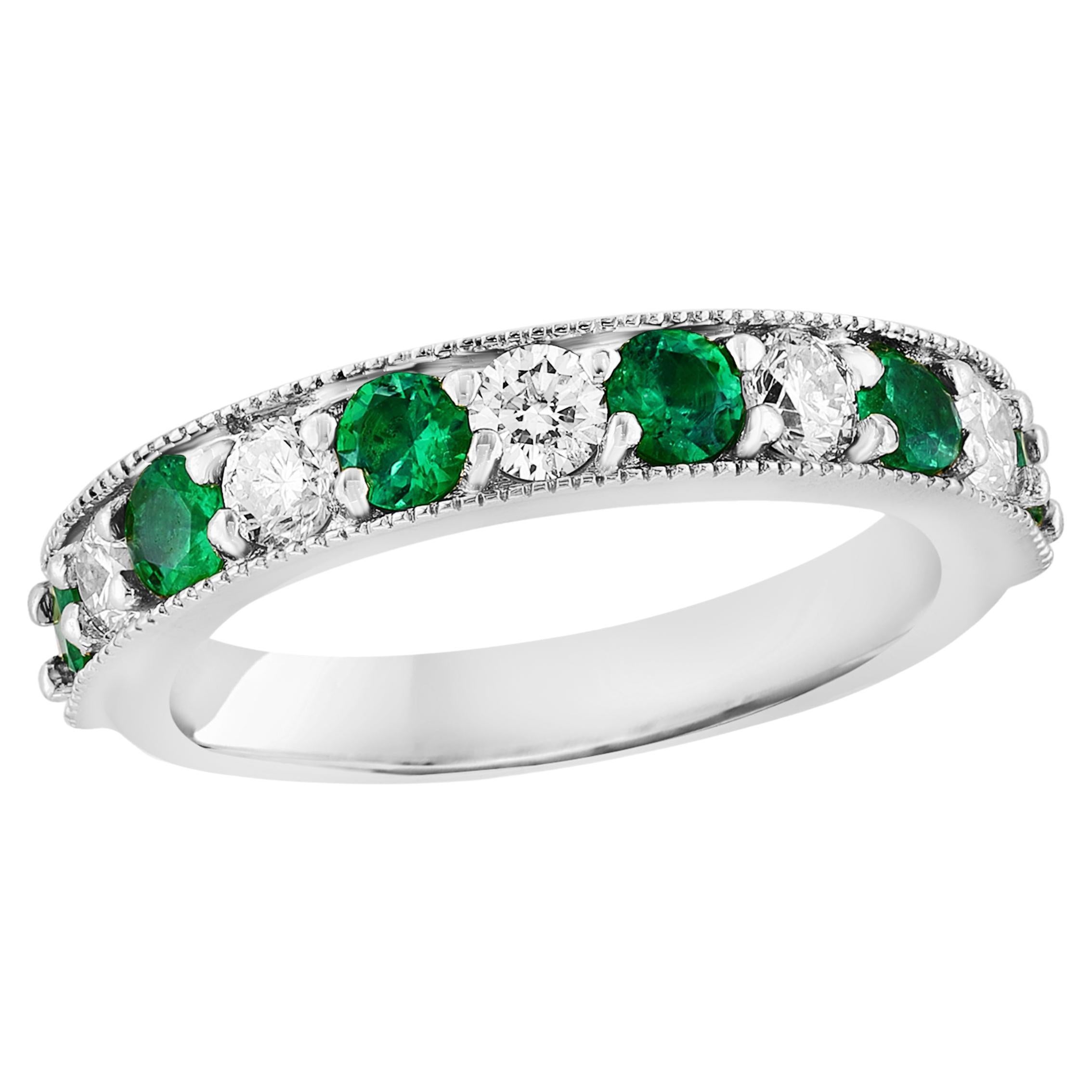 0.55 Carat Brilliant Cut Emerald and Diamond Band in 14K White Gold For Sale