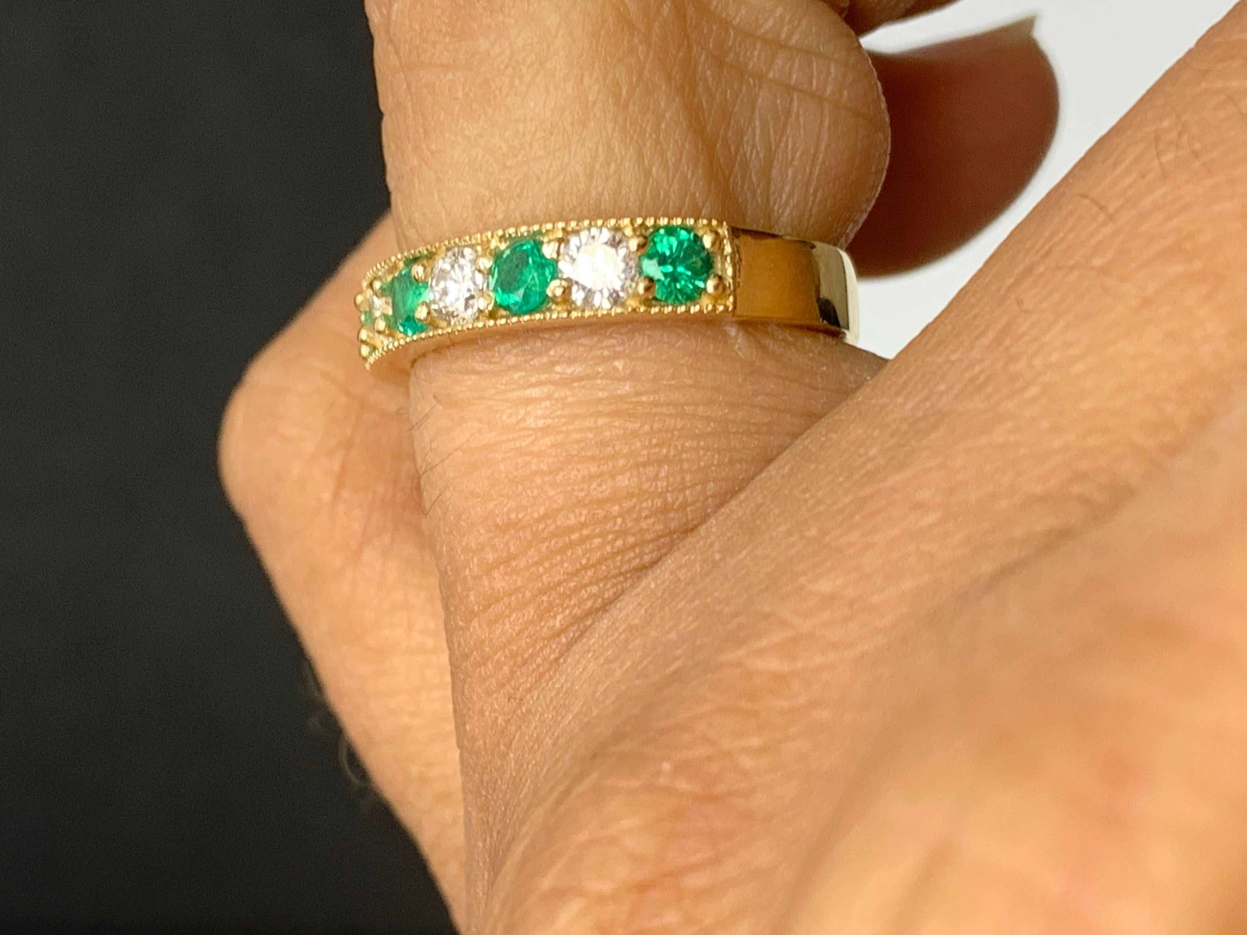 Women's 0.55 Carat Brilliant Cut Emerald and Diamond Band in 14K Yellow Gold For Sale