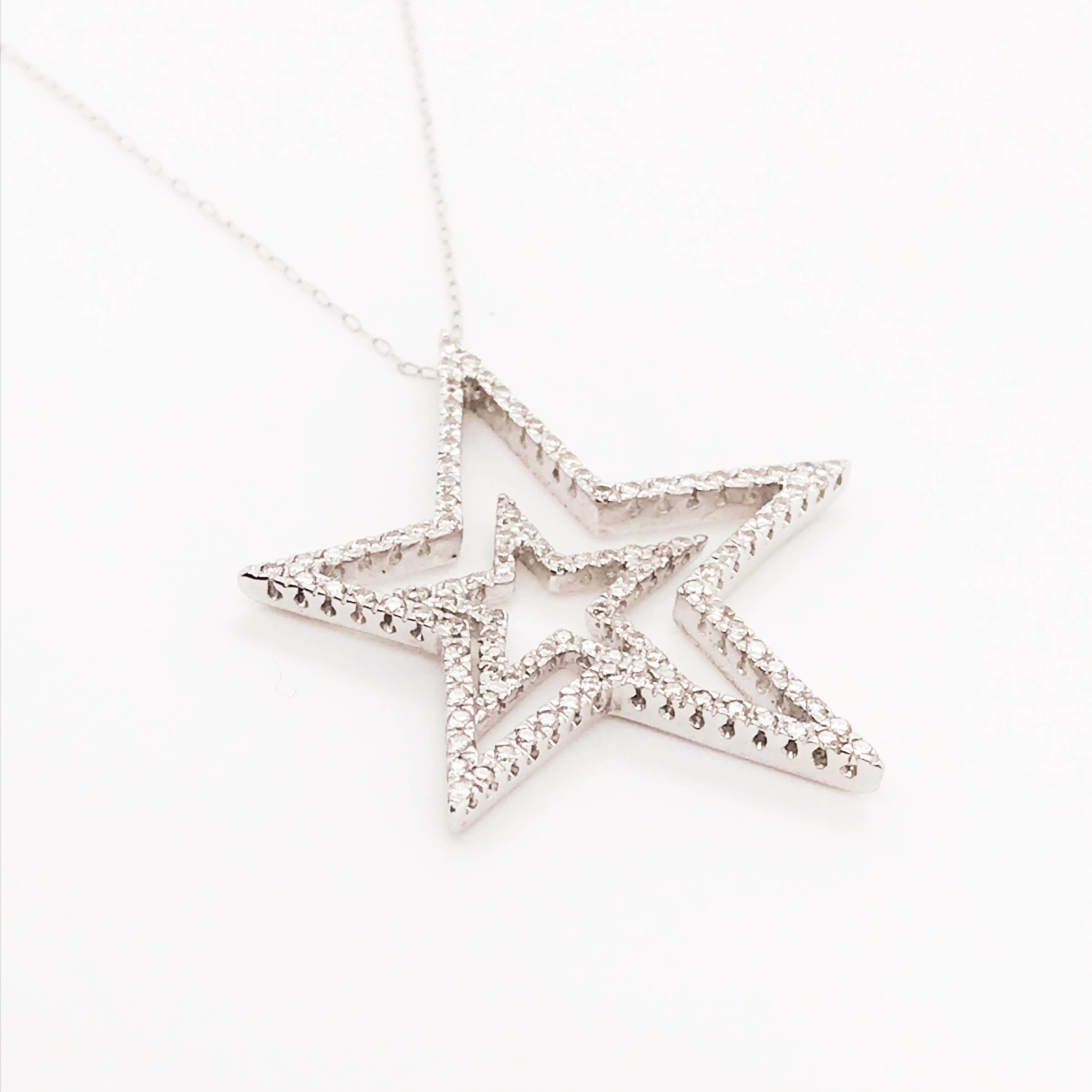 The gorgeous diamond star necklace is so special and unique! With half a carat of diamonds covered the top of this open double star design, this pedant is so sparkly and shiny! The double diamond star pendant is a one of a kind design with an