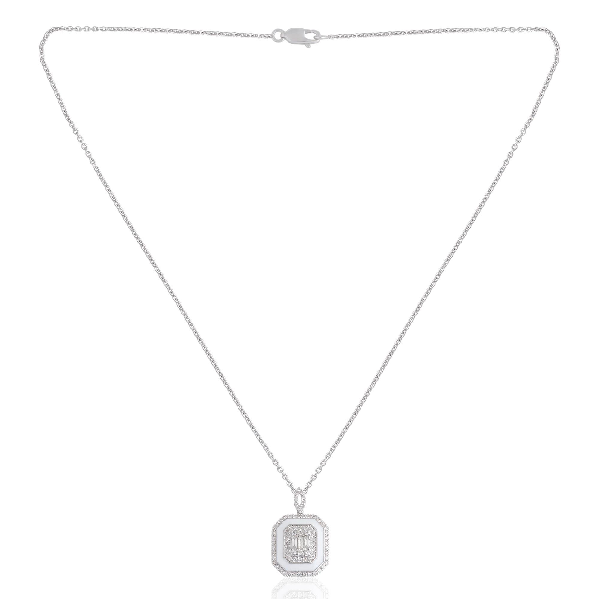 The 0.55 Carat Diamond Pave Charm White Enamel Pendant Necklace in 14 Karat White Gold is more than just a piece of jewelry; it is a symbol of sophistication, grace, and refined beauty.

Item Code :- CN-40061
Gross Wt. :- 4.68 gm
14k White Gold Wt.