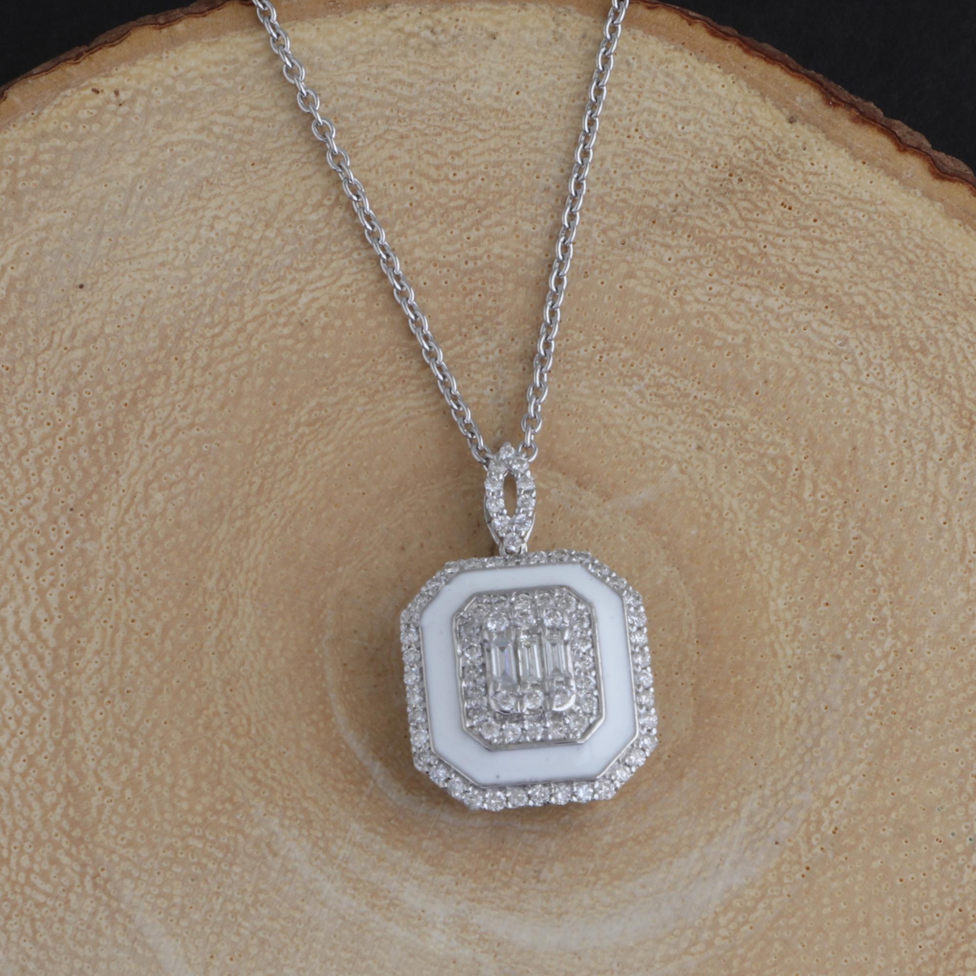 Modern 0.55 Carat Diamond Pave Charm White Enamel Pendant Necklace 14 Karat White Gold For Sale