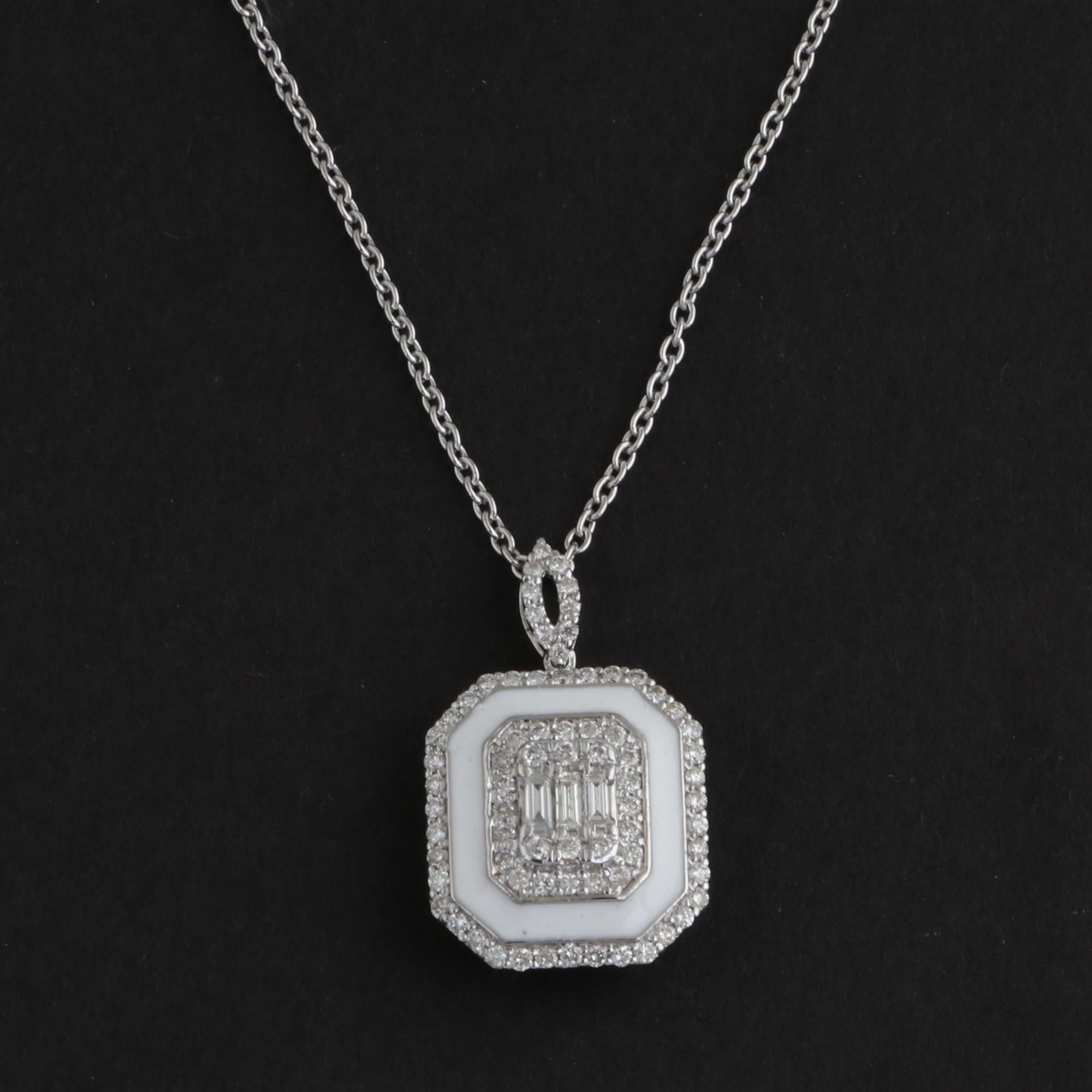 Round Cut 0.55 Carat Diamond Pave Charm White Enamel Pendant Necklace 14 Karat White Gold For Sale