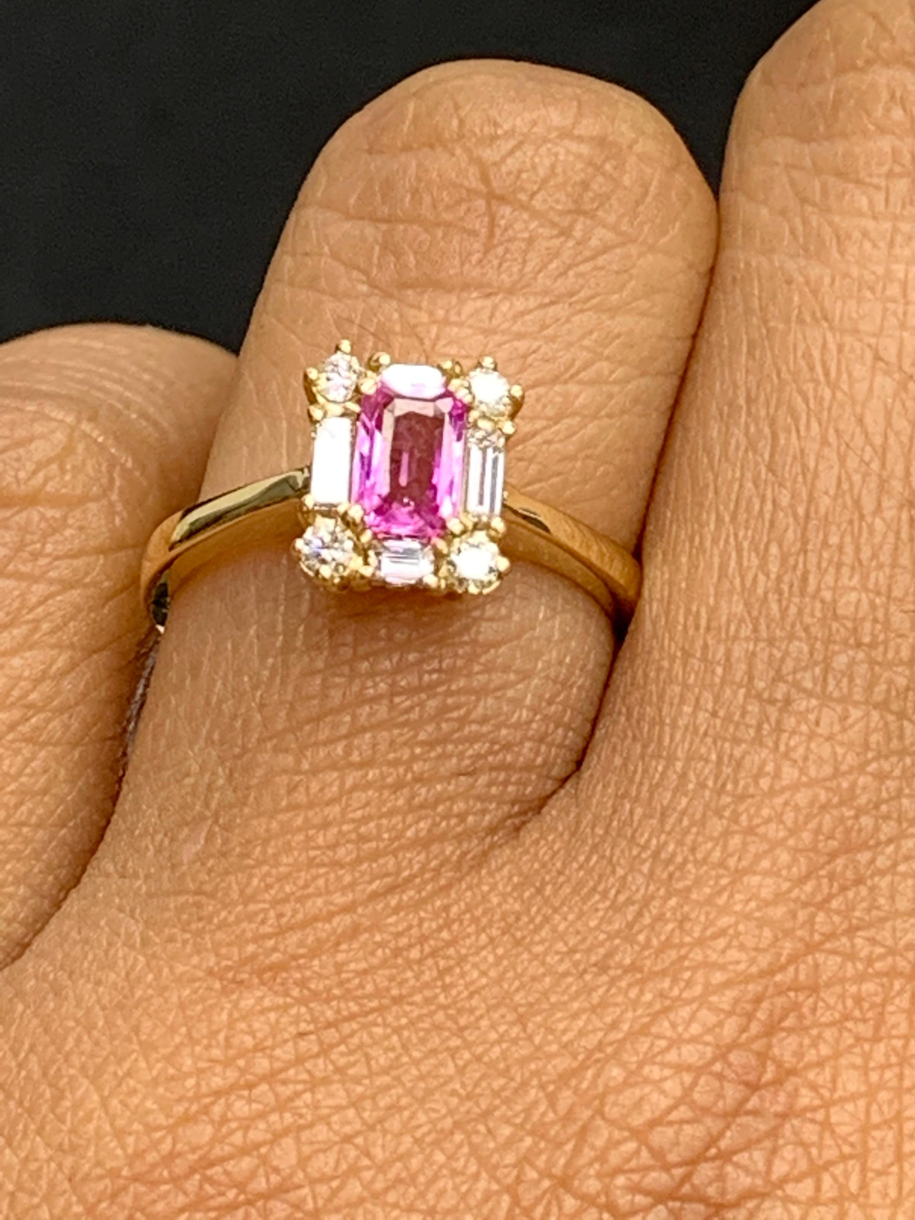 0.55 Carat Emerald Cut Pink Sapphire and Diamond Ring 14K Yellow Gold For Sale 4