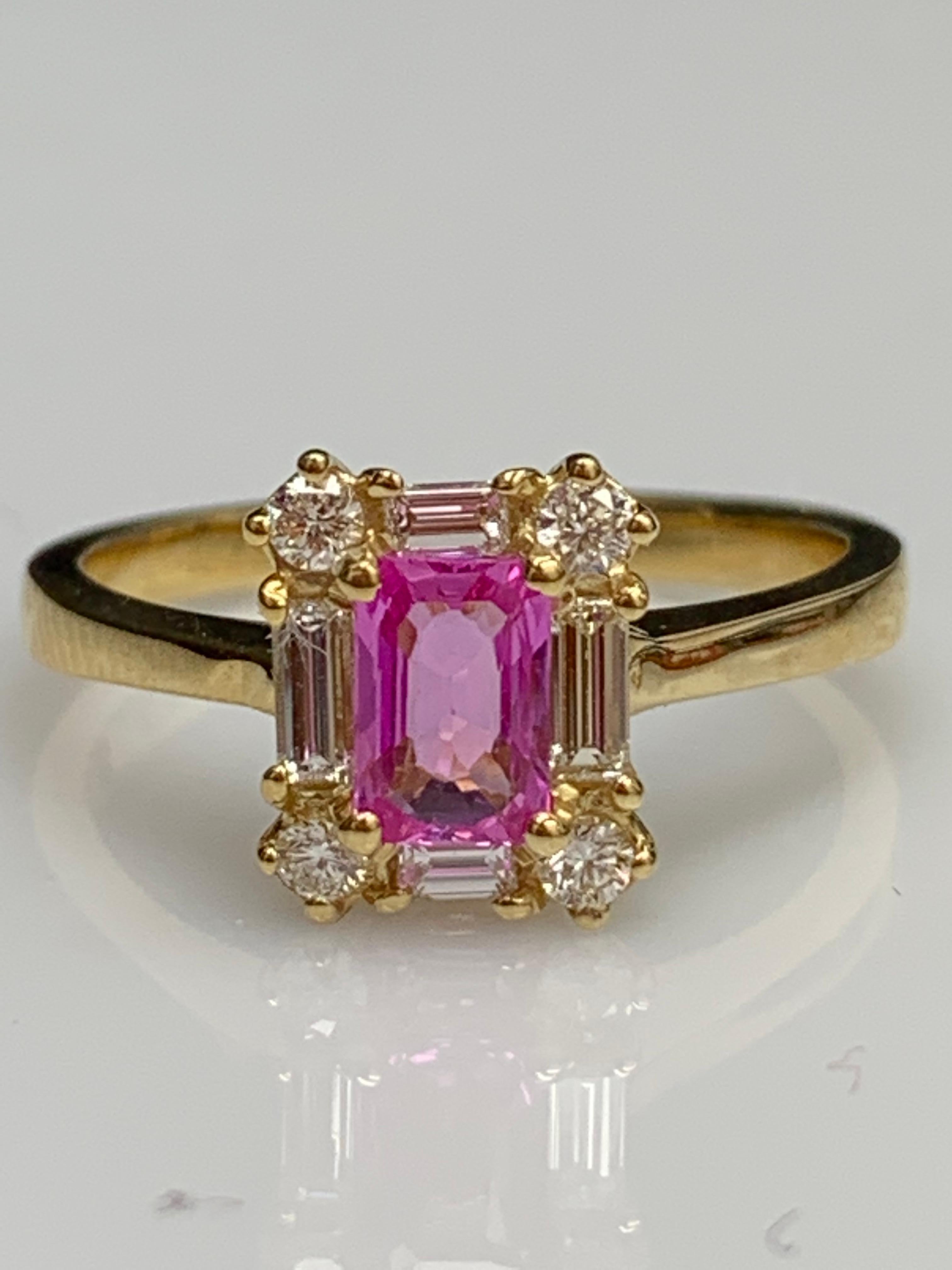0.55 Carat Emerald Cut Pink Sapphire and Diamond Ring 14K Yellow Gold For Sale 5