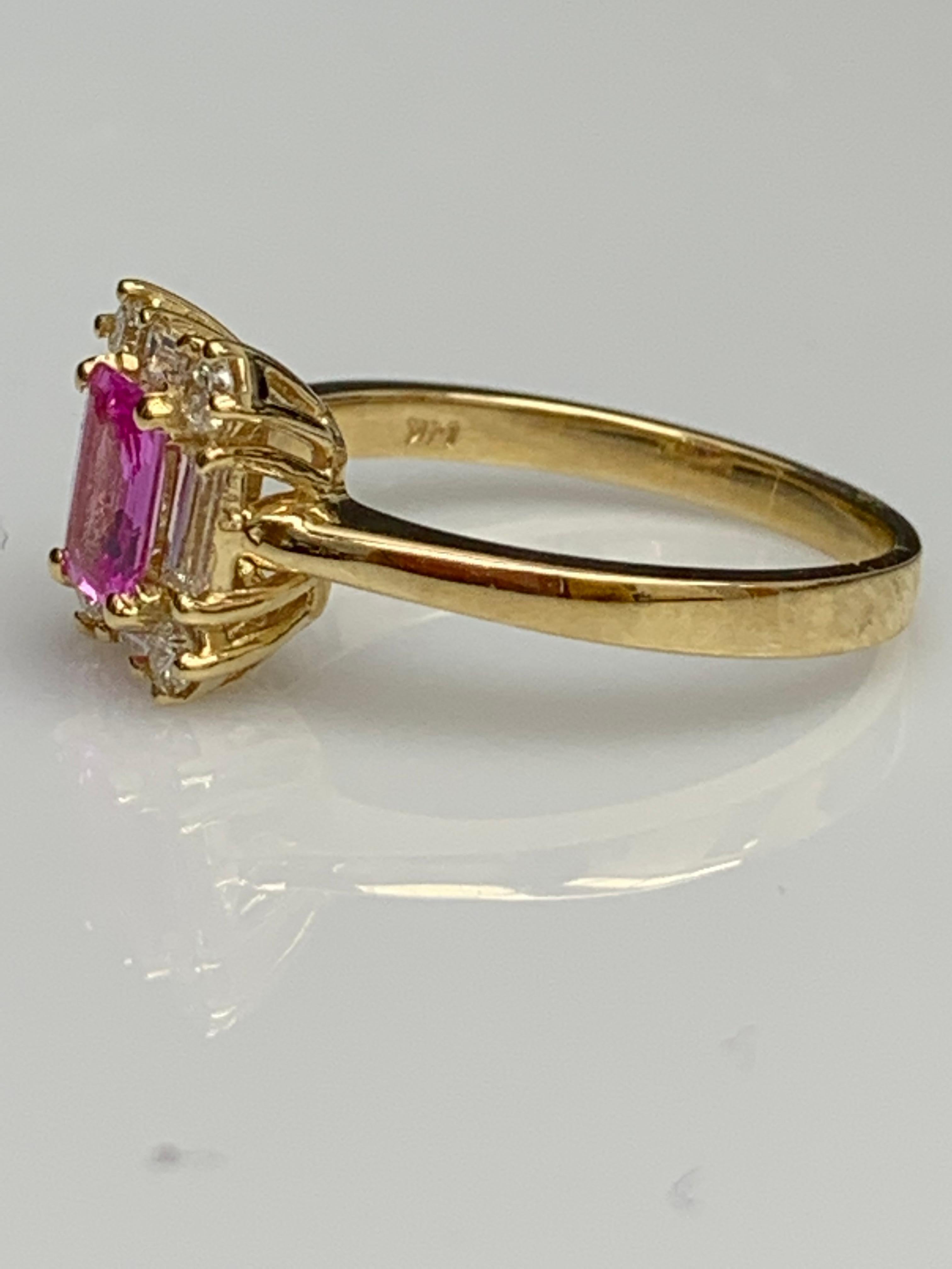 0.55 Carat Emerald Cut Pink Sapphire and Diamond Ring 14K Yellow Gold For Sale 6