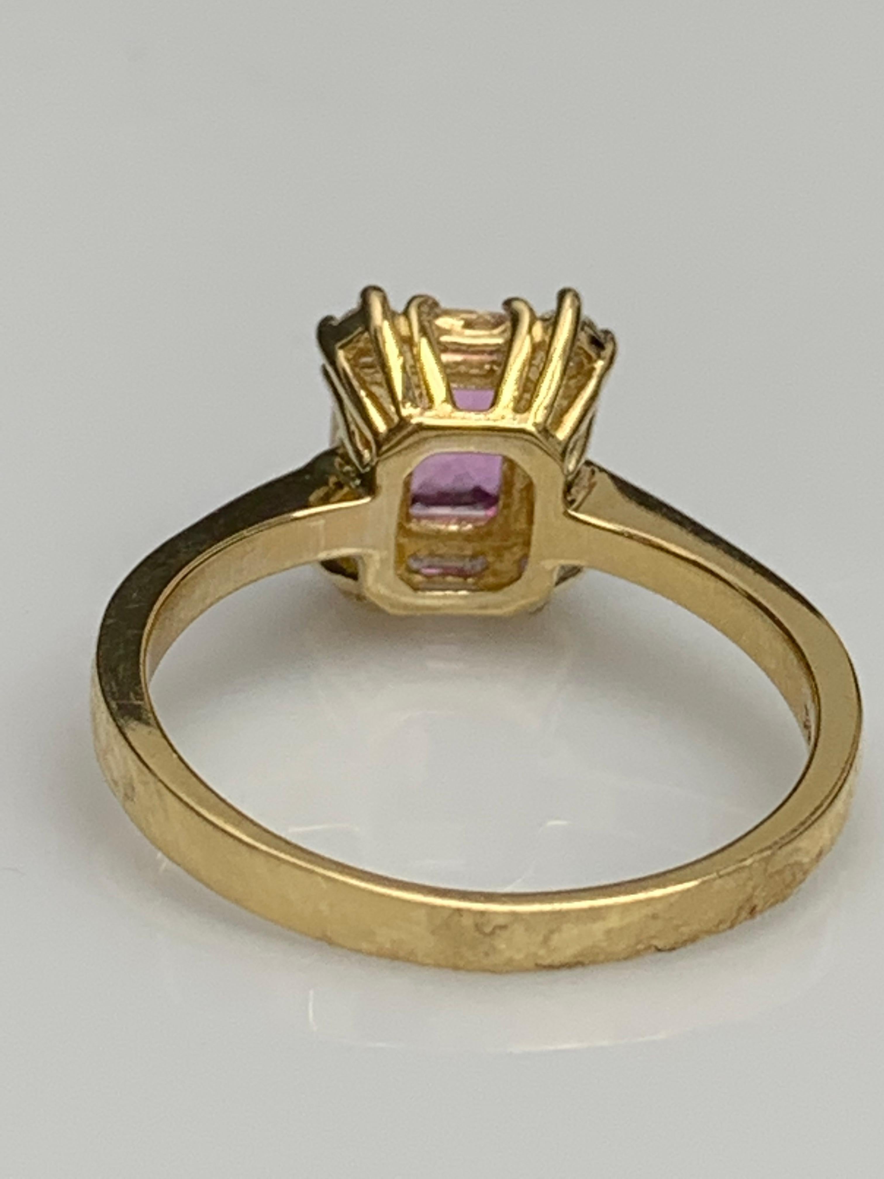 0.55 Carat Emerald Cut Pink Sapphire and Diamond Ring 14K Yellow Gold For Sale 7