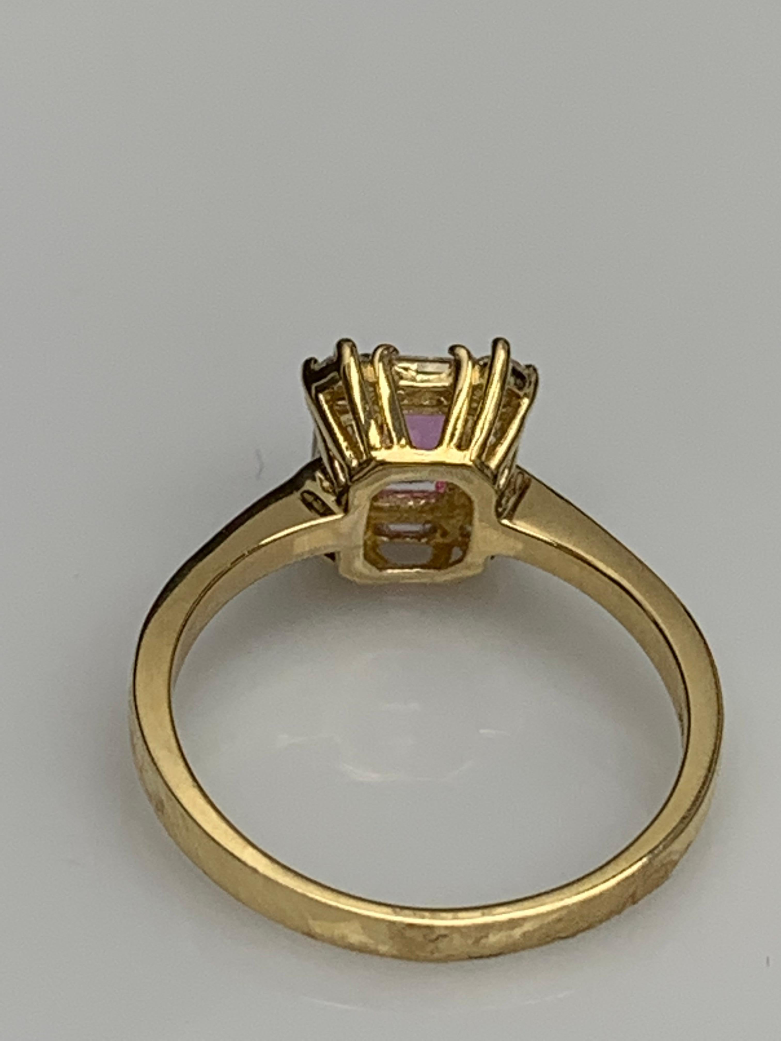 0.55 Carat Emerald Cut Pink Sapphire and Diamond Ring 14K Yellow Gold For Sale 8