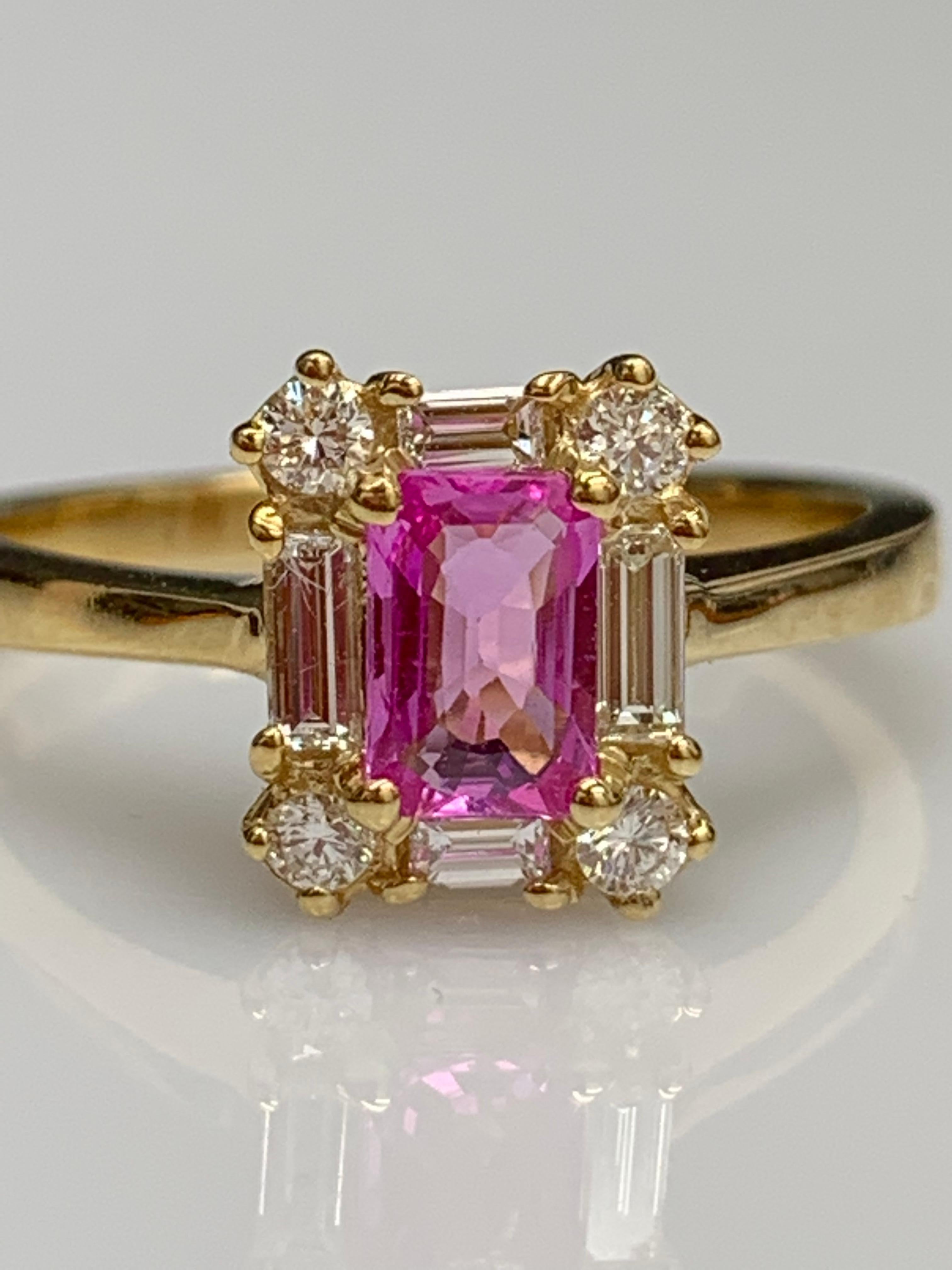 0.55 Carat Emerald Cut Pink Sapphire and Diamond Ring 14K Yellow Gold For Sale 9