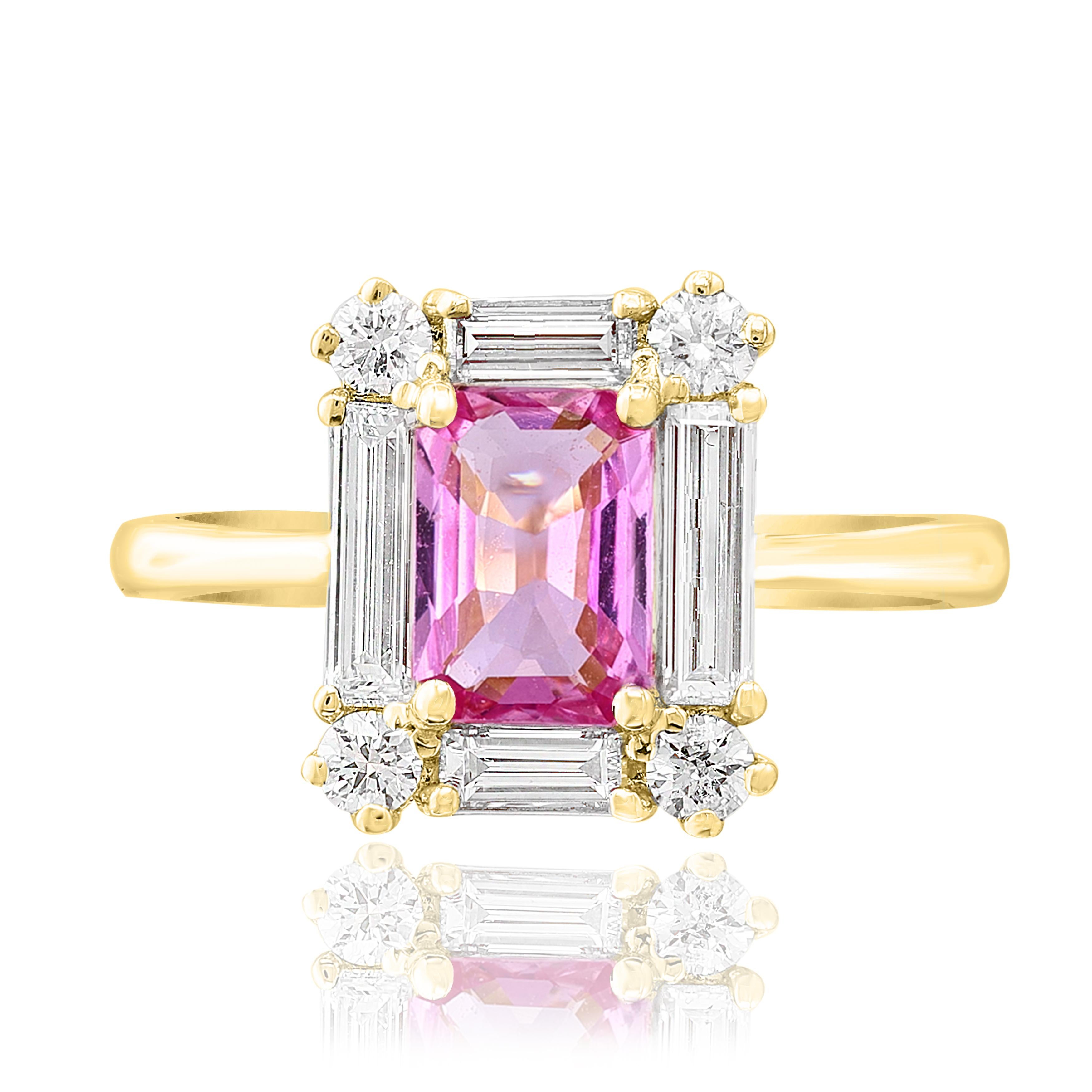 A fashionable ring showcasing a 0.55-carat emerald cut lush pink sapphire. The center stone is surrounded by a row of brilliant-cut round and baguette diamonds weighing 0.35 carats total. Made in 14k yellow gold. 

Style available in different price