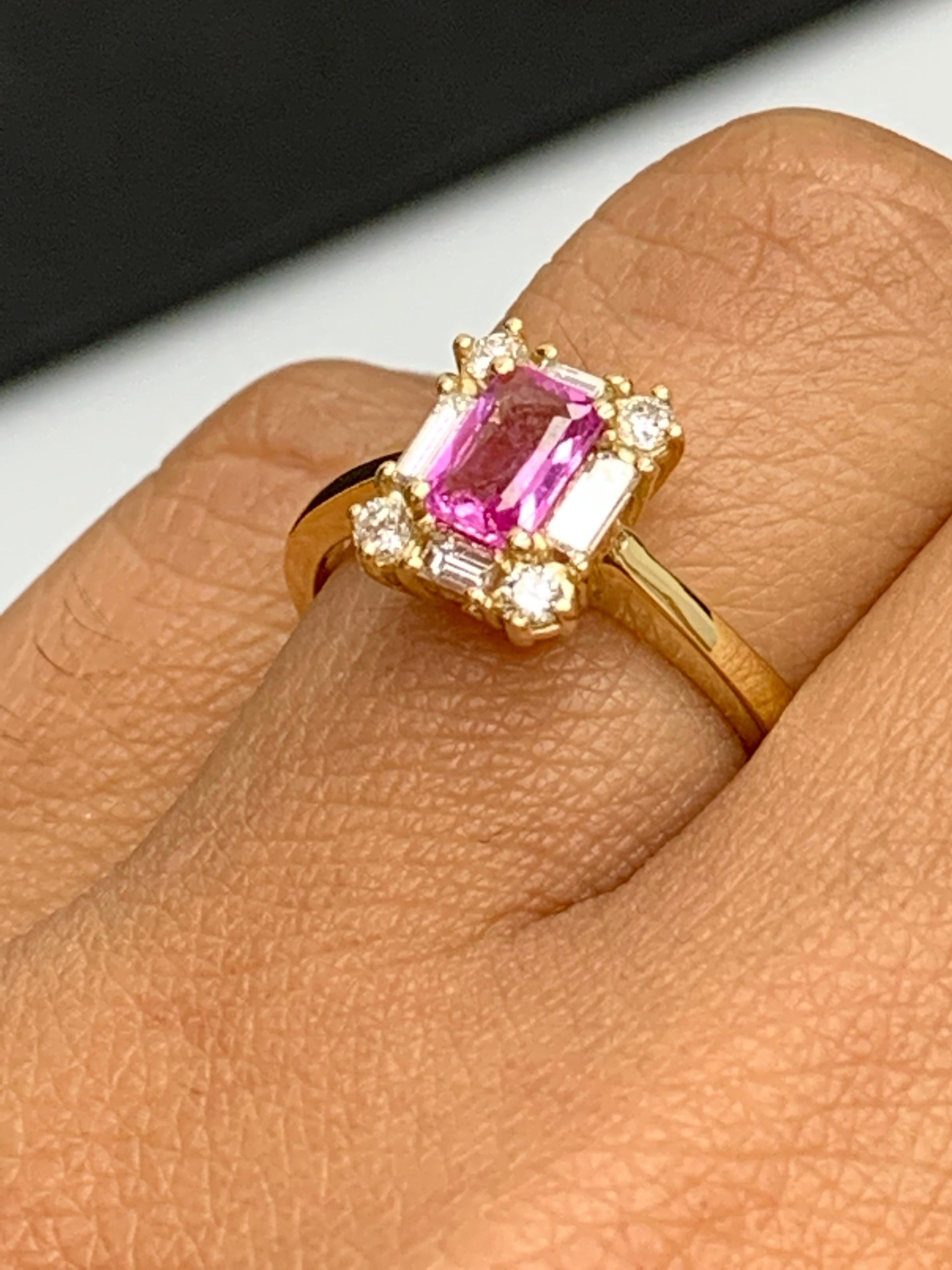 Modern 0.55 Carat Emerald Cut Pink Sapphire and Diamond Ring 14K Yellow Gold For Sale