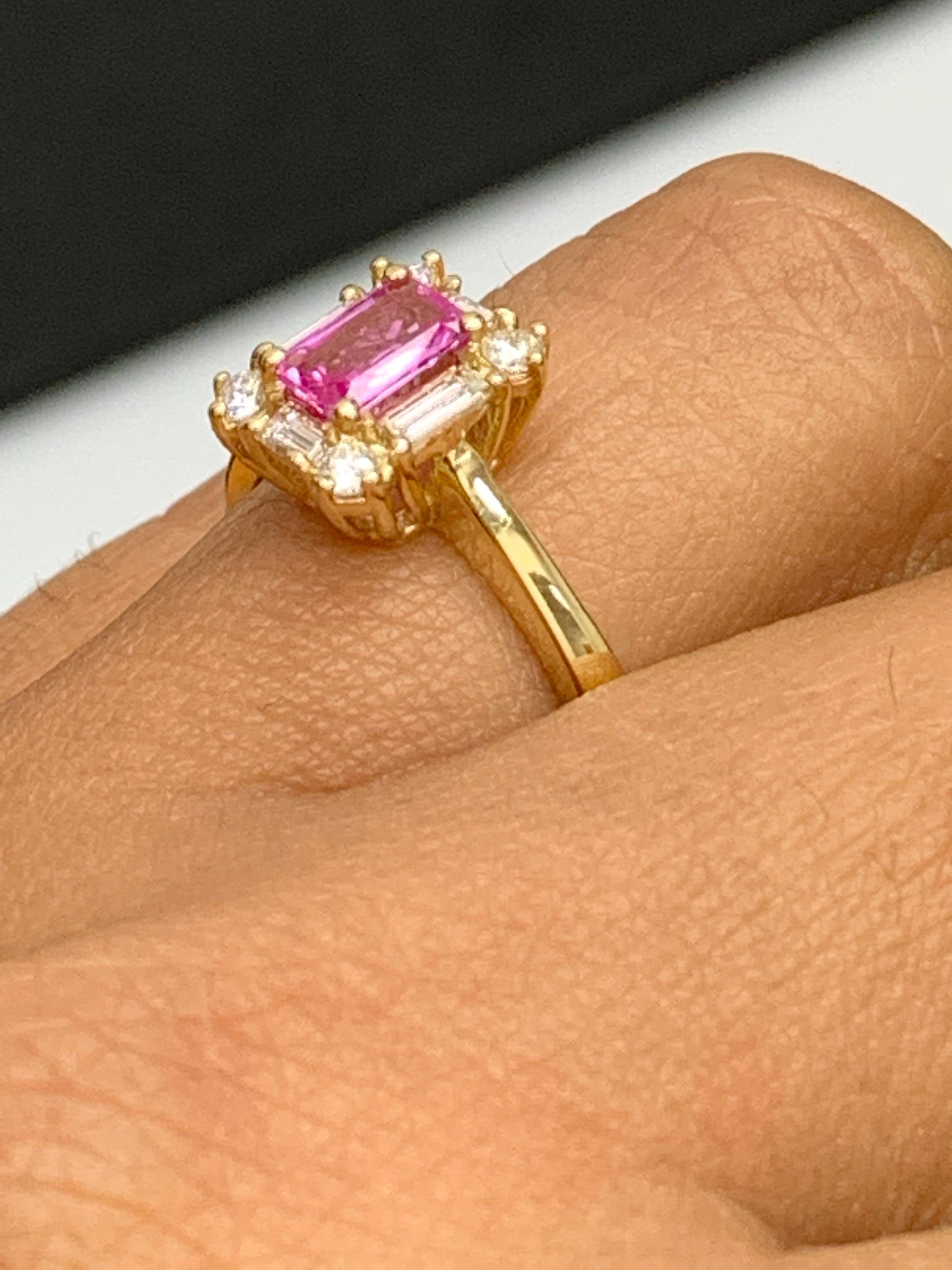 0.55 Carat Emerald Cut Pink Sapphire and Diamond Ring 14K Yellow Gold In New Condition For Sale In NEW YORK, NY