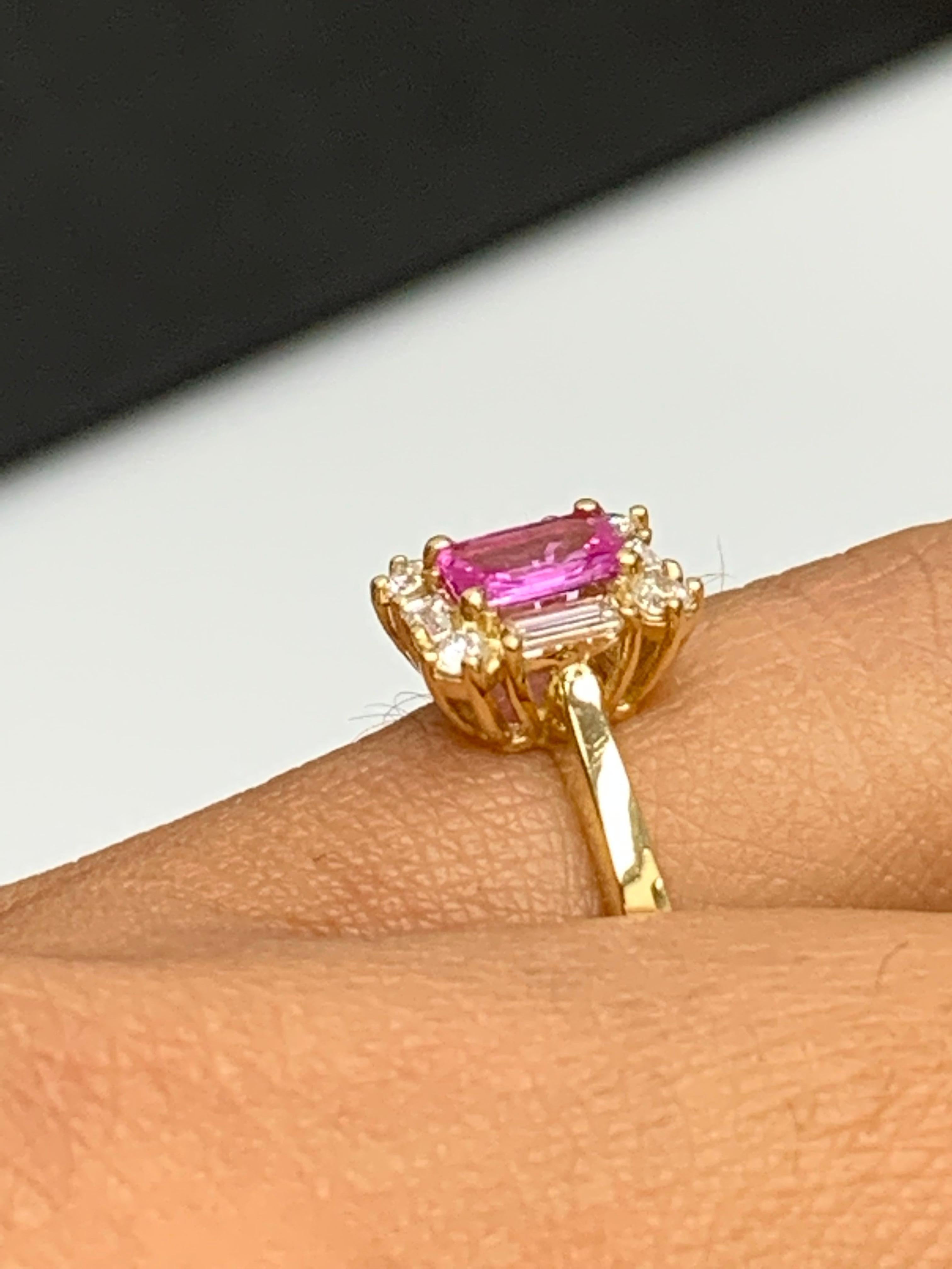 Women's 0.55 Carat Emerald Cut Pink Sapphire and Diamond Ring 14K Yellow Gold For Sale