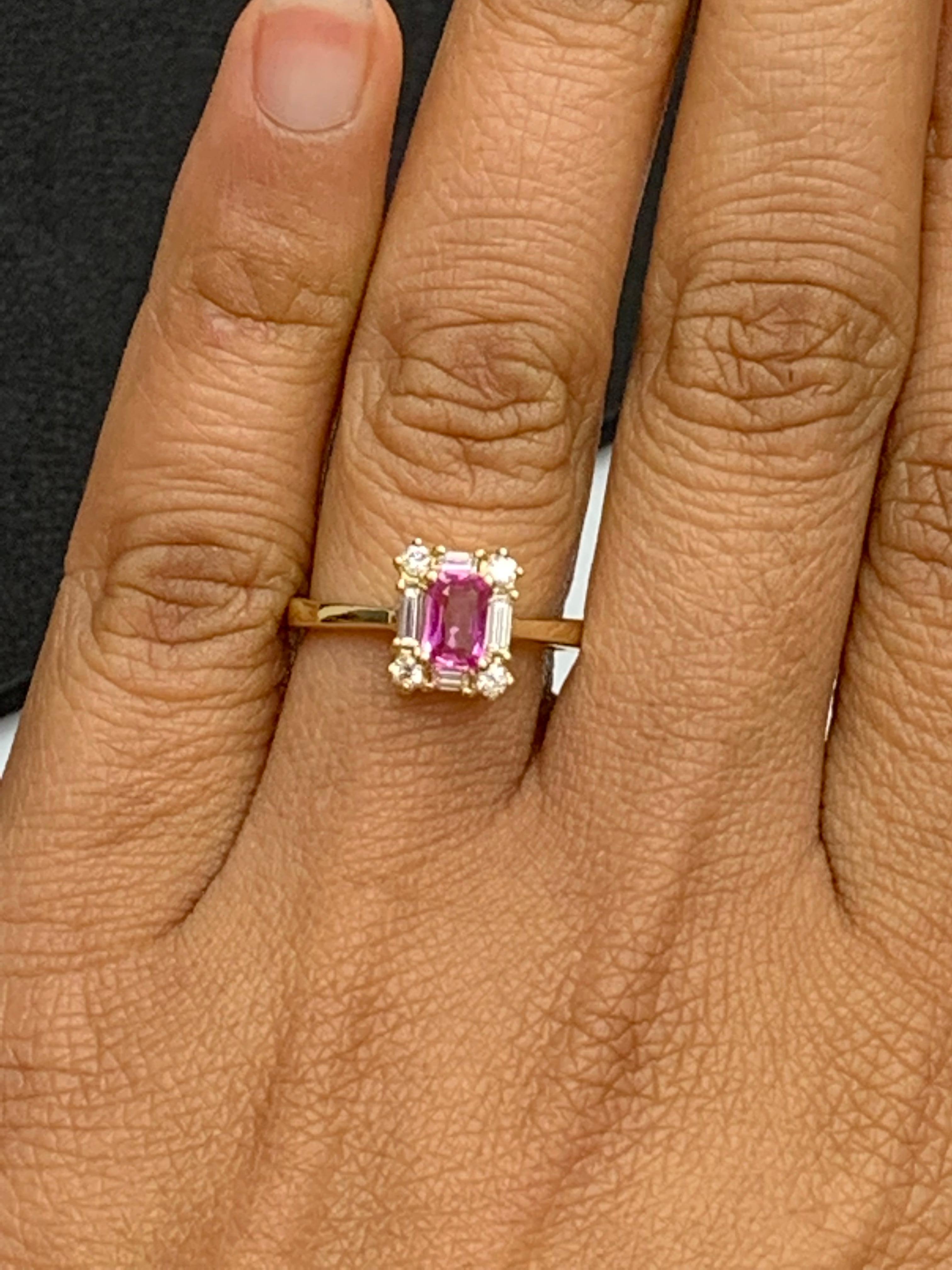 0.55 Carat Emerald Cut Pink Sapphire and Diamond Ring 14K Yellow Gold For Sale 1