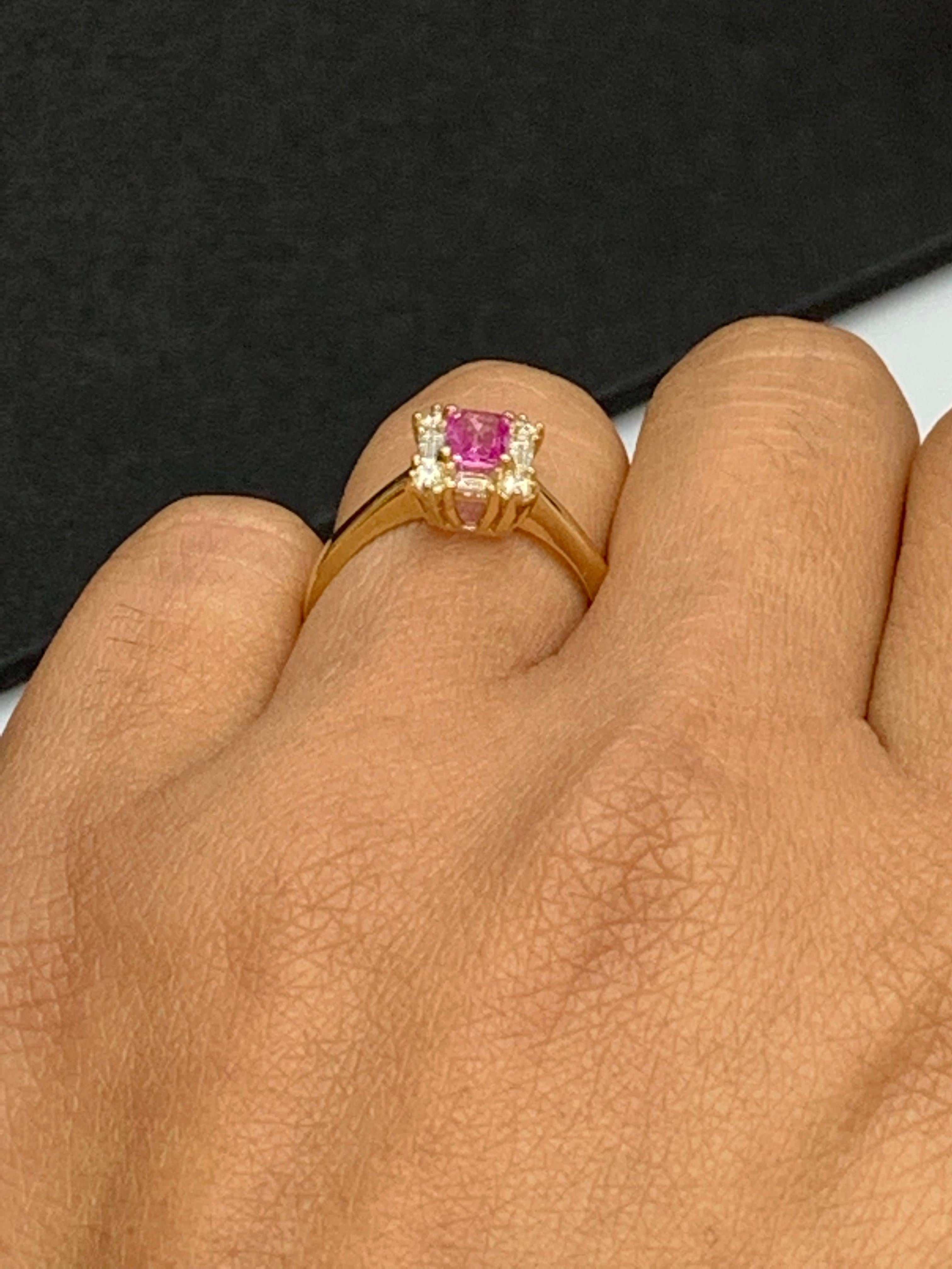 0.55 Carat Emerald Cut Pink Sapphire and Diamond Ring 14K Yellow Gold For Sale 2