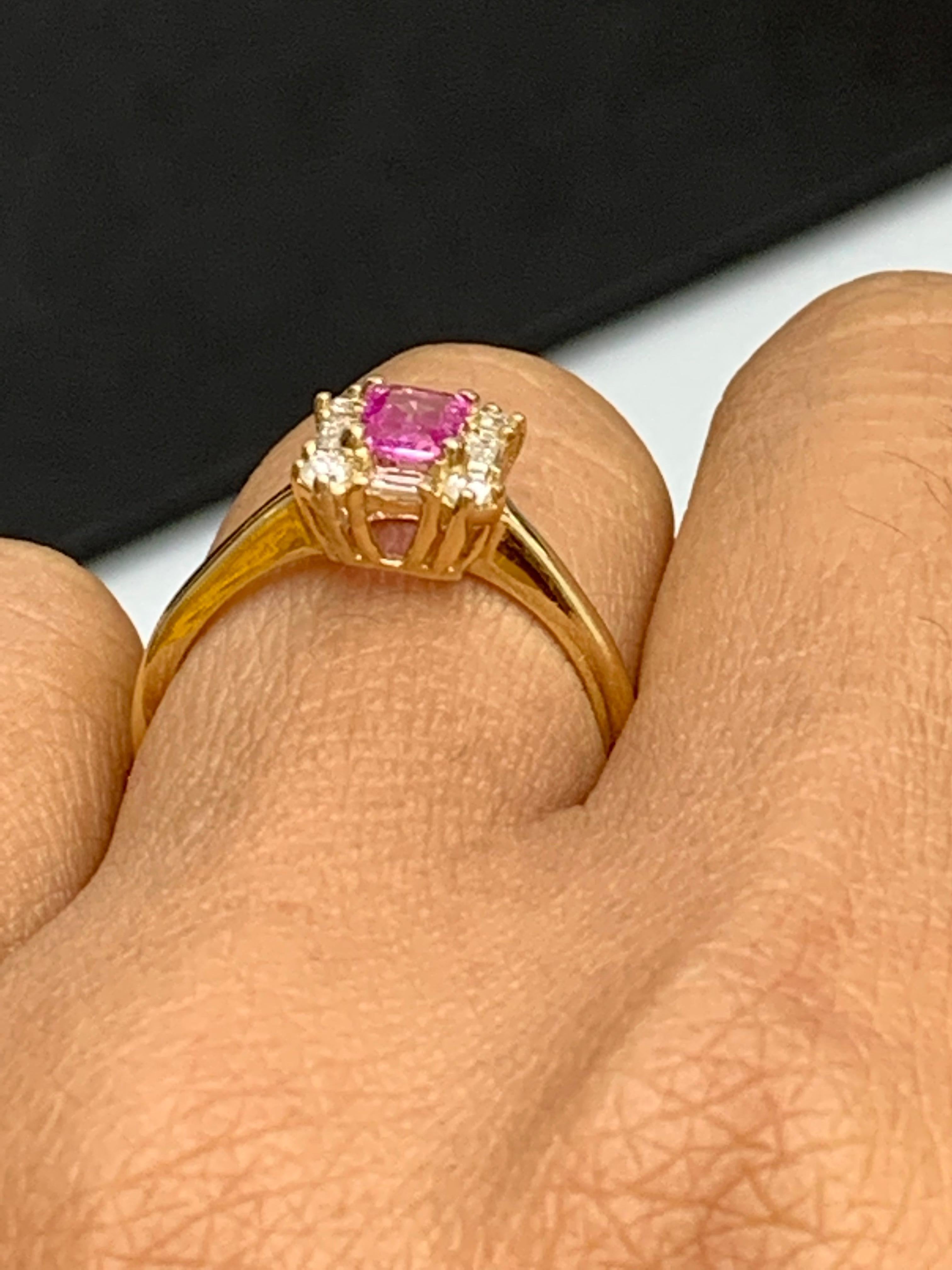 0.55 Carat Emerald Cut Pink Sapphire and Diamond Ring 14K Yellow Gold For Sale 3