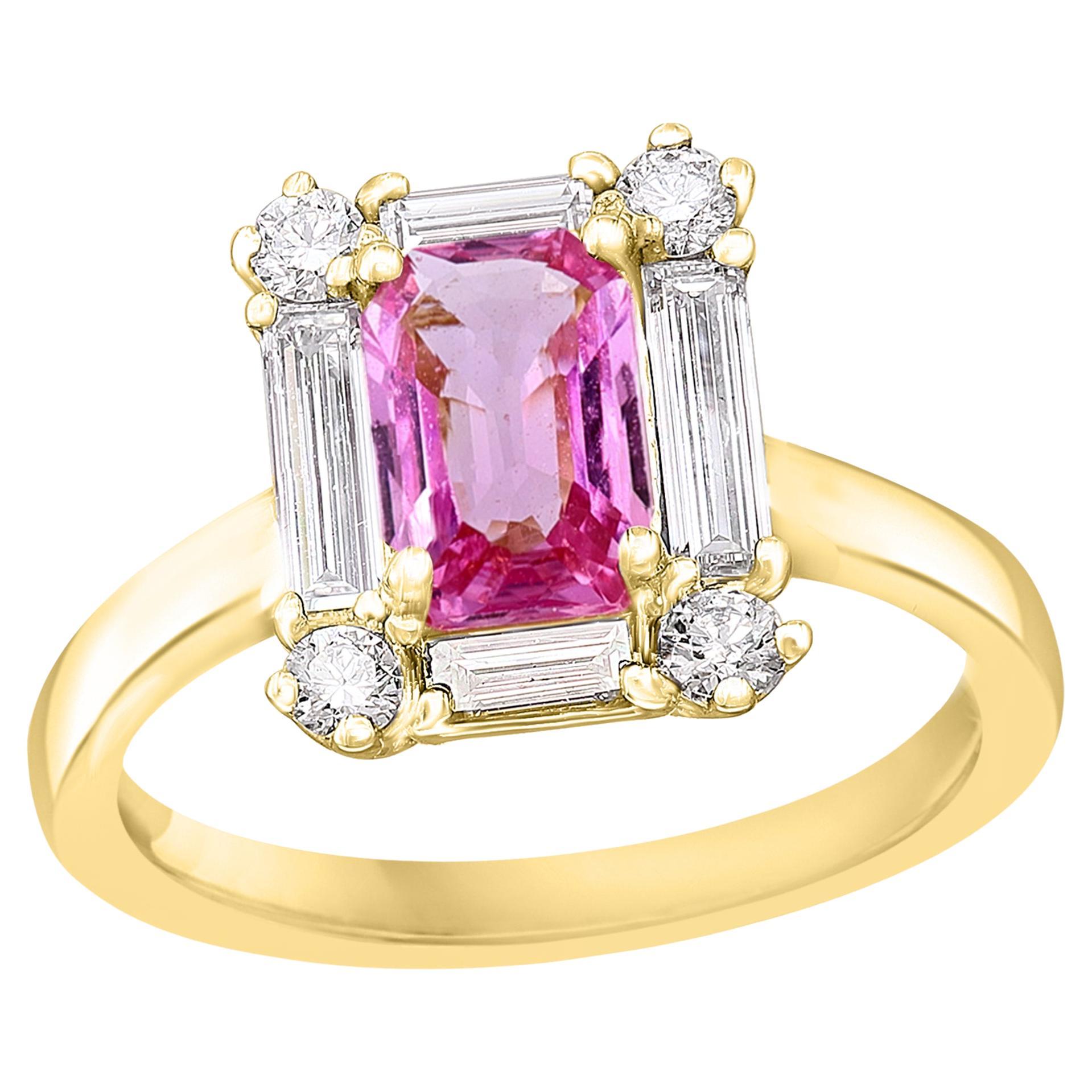 0.55 Carat Emerald Cut Pink Sapphire and Diamond Ring 14K Yellow Gold For Sale
