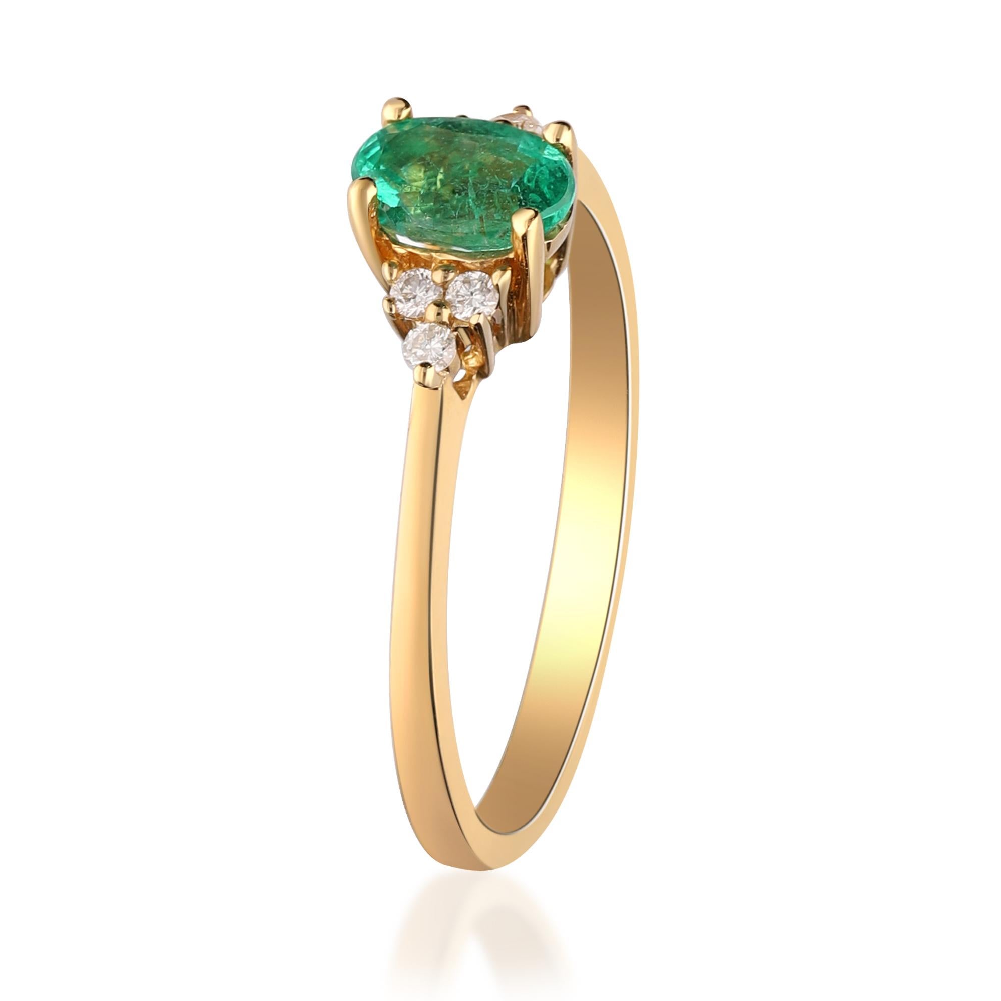 Art Deco 0.55 Carat Emerald Oval Cut Diamond Accents 10K Yellow Gold Engagement Ring For Sale