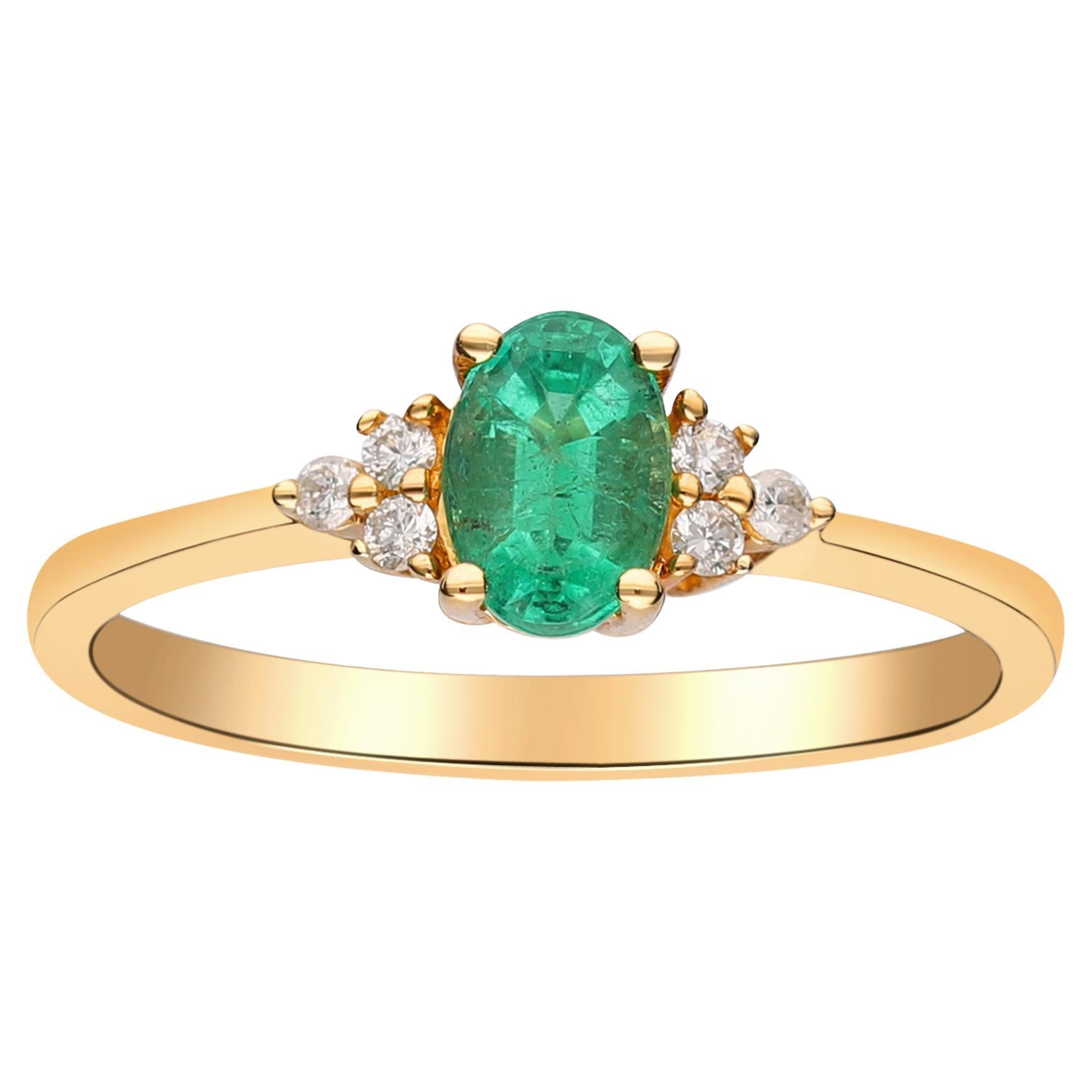 0.55 Carat Emerald Oval Cut Diamond Accents 10K Yellow Gold Engagement Ring For Sale